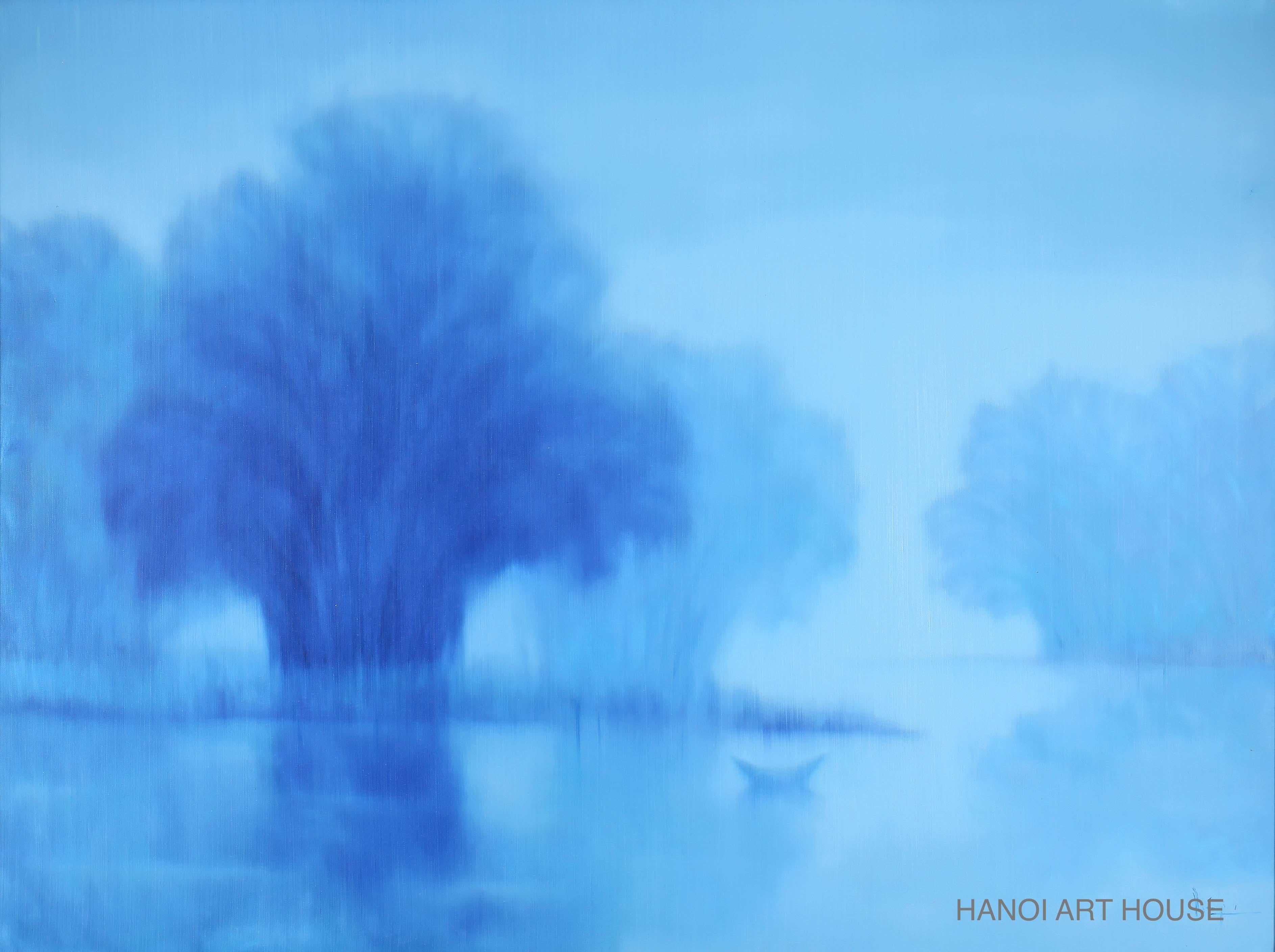 Hoang Duc Dzung Interior Painting - "Blue Sunlight" 21st century Asian landscape oil painting misty blue 