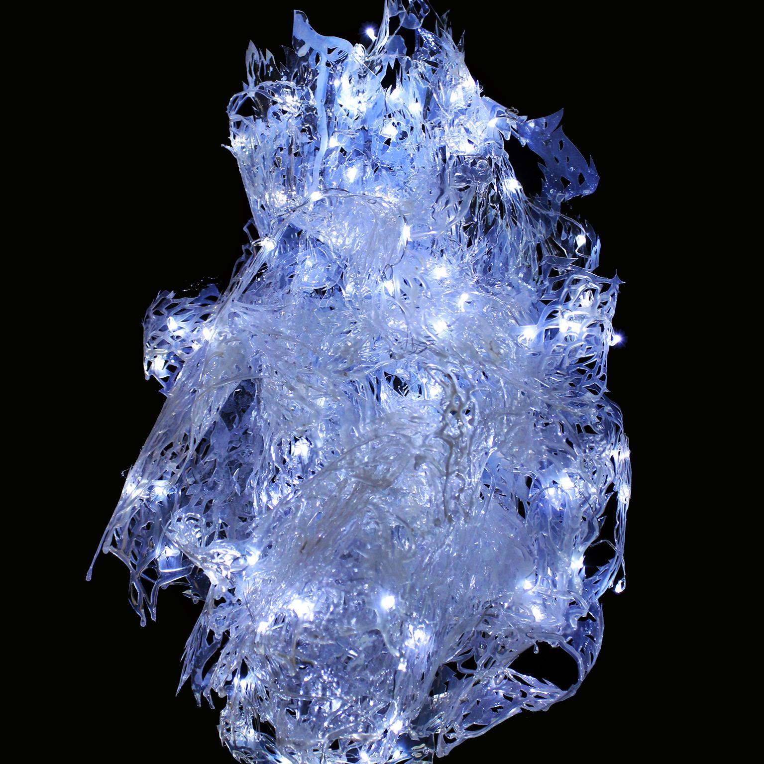 Medium: hand cut plastic, pigment, dichroic, resin, LED lights

Julia Sinelnikova is an interdisciplinary artist who works with holograms, performance, and digital culture. Her light installations have been exhibited internationally, and she has