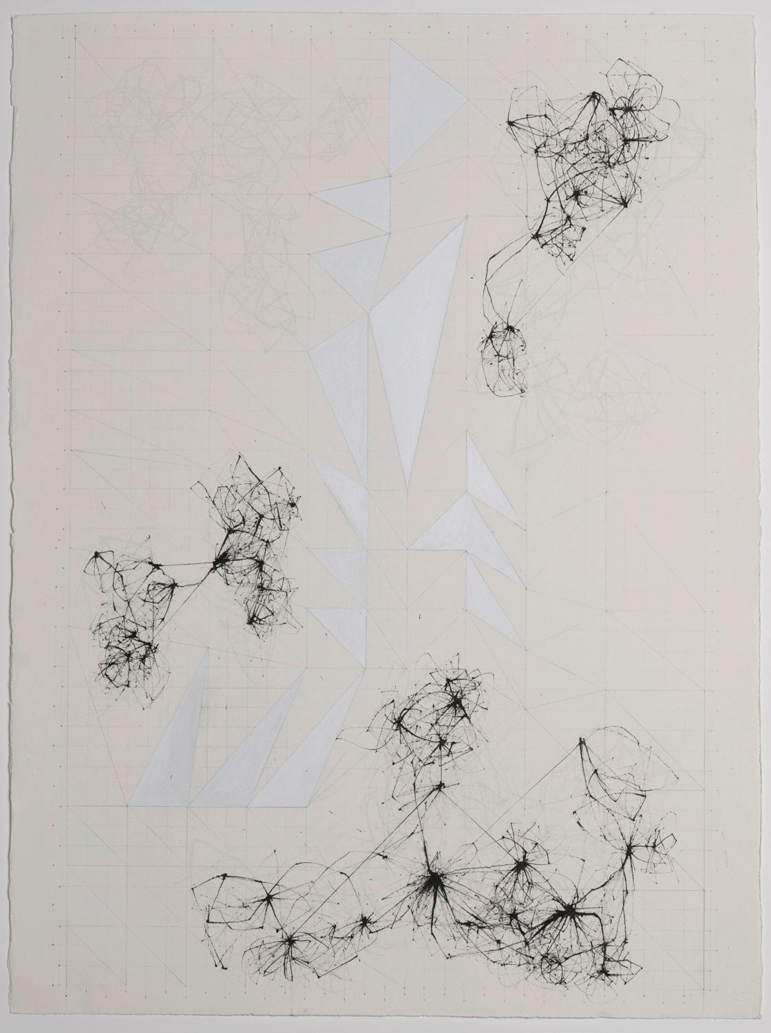 These are three unique drawings, shown in Projects at the London Art Fair in 2017, alongside a giant sculptural installation.  They are framed and glazed.

David attempts to record within his work, amorphous and intangible ‘space’, drawing parallels