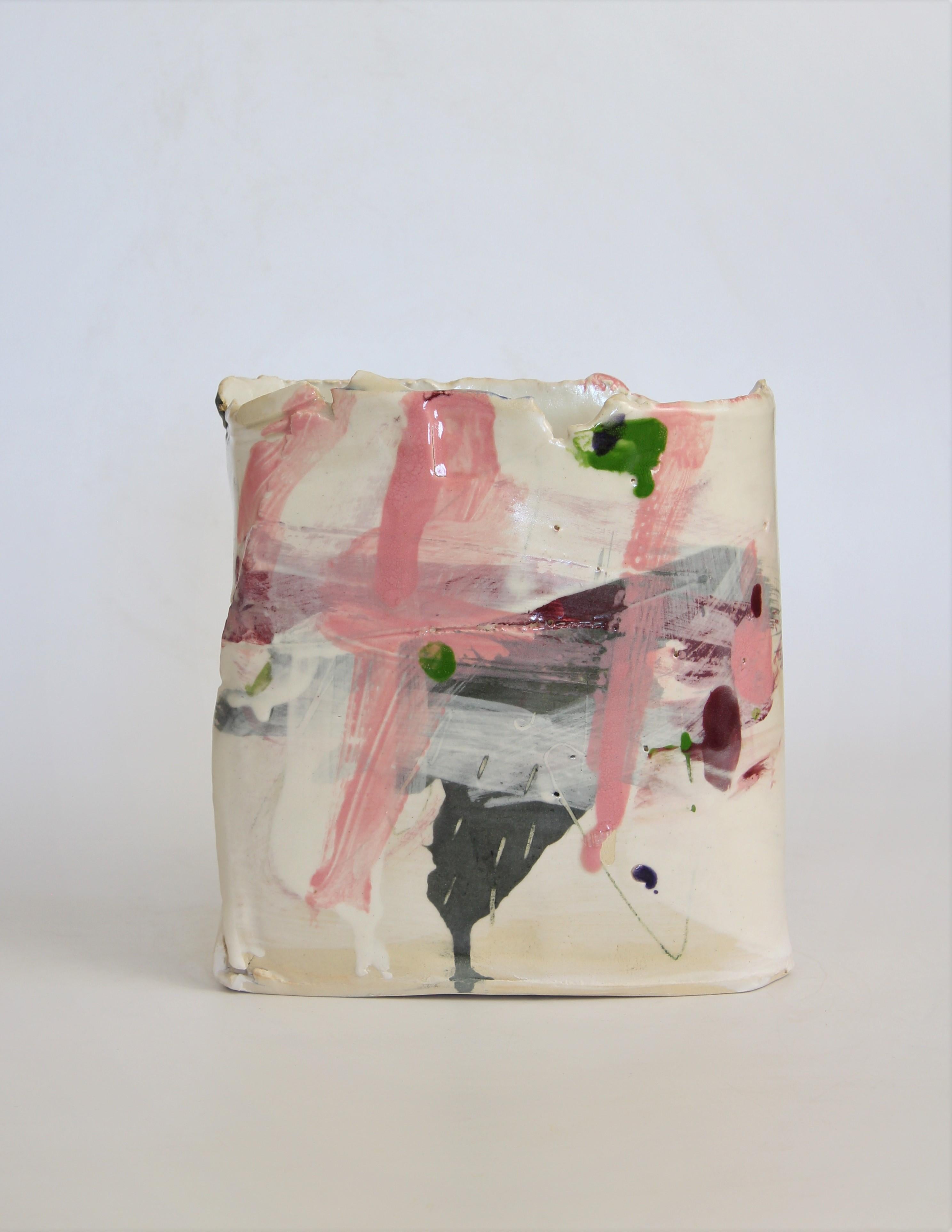 This ceramic vessel is one of Barry’s iconic soft slab formed works. His ceramics are influenced by drawings made within the land, exploring relationships between colour, texture and form, and motivated by surrounding light, atmosphere and colours. 