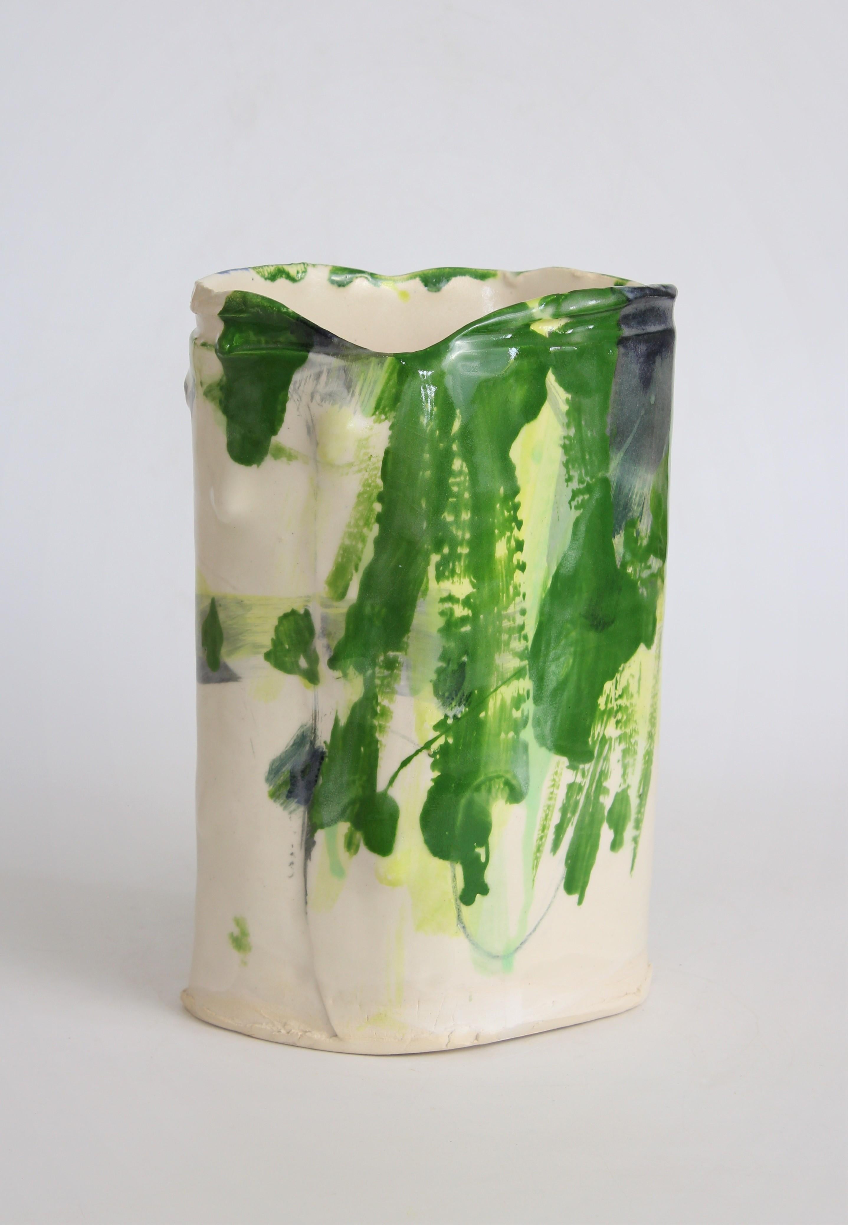 This ceramic vessel is one of Barry’s iconic soft slab formed works. His ceramics are influenced by drawings made within the land, exploring relationships between colour, texture and form, and motivated by surrounding light, atmosphere and colours. 
