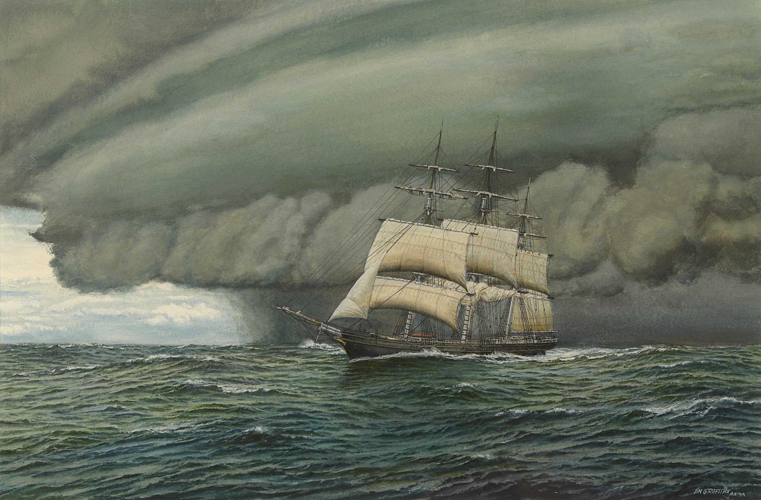 Jim Griffiths Landscape Painting - Line Squall, Clipper Flying Fish