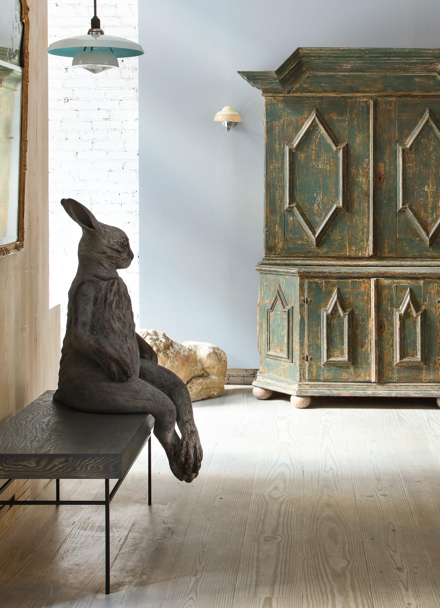 A collection of works by Swedish ceramic artist Margit Brundin, of human-scale hares created for this exhibition, A Place Behind the Oak Tree, transforms our gallery. Installed amongst the gallery’s renowned collection and antiques spanning from the
