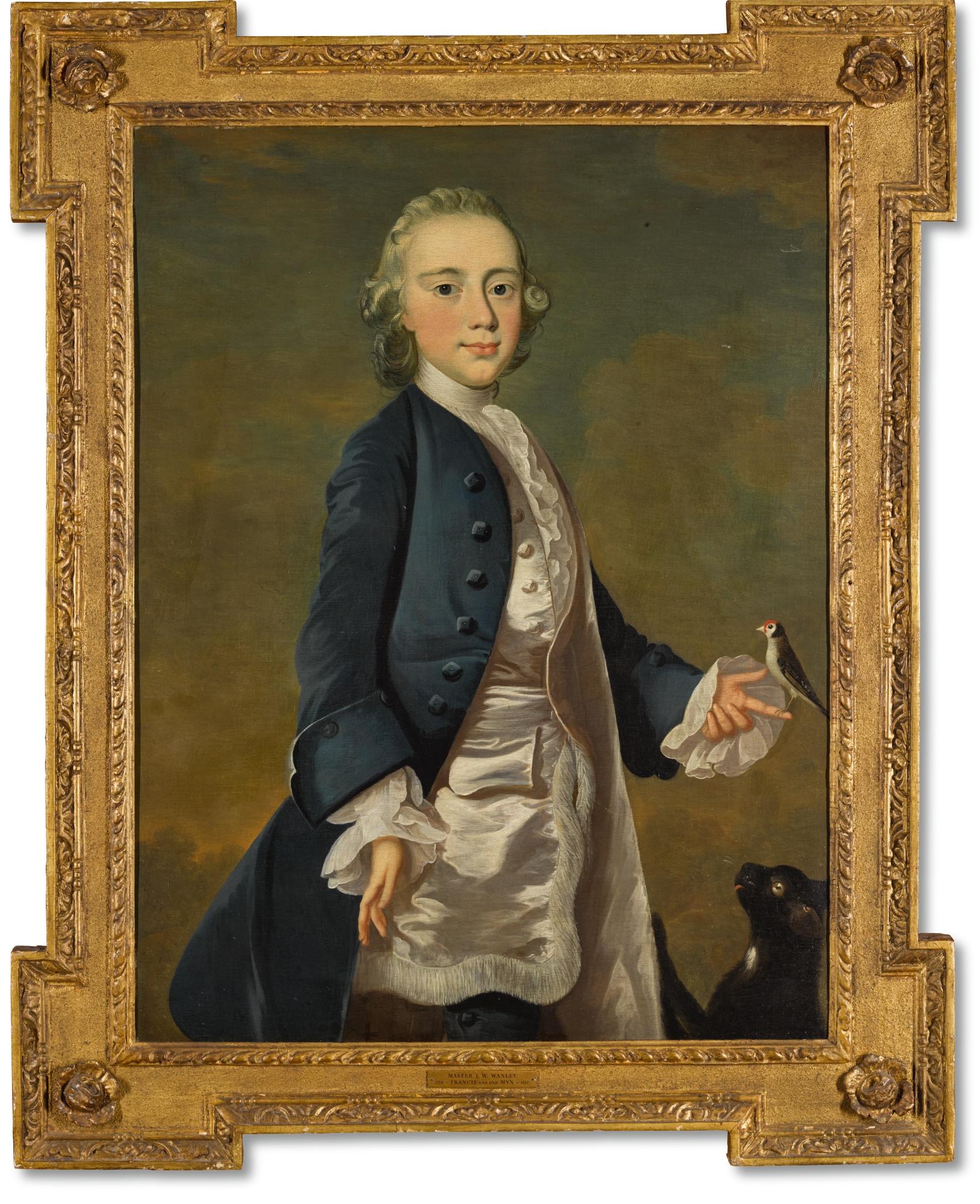 English 18th century portrait painting of Master Wanley with pet bird and cat - Painting by Attributed to Frans van der Mijn