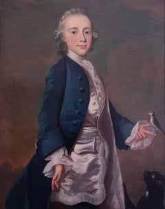 English 18th century portrait painting of Master Wanley with pet bird and cat