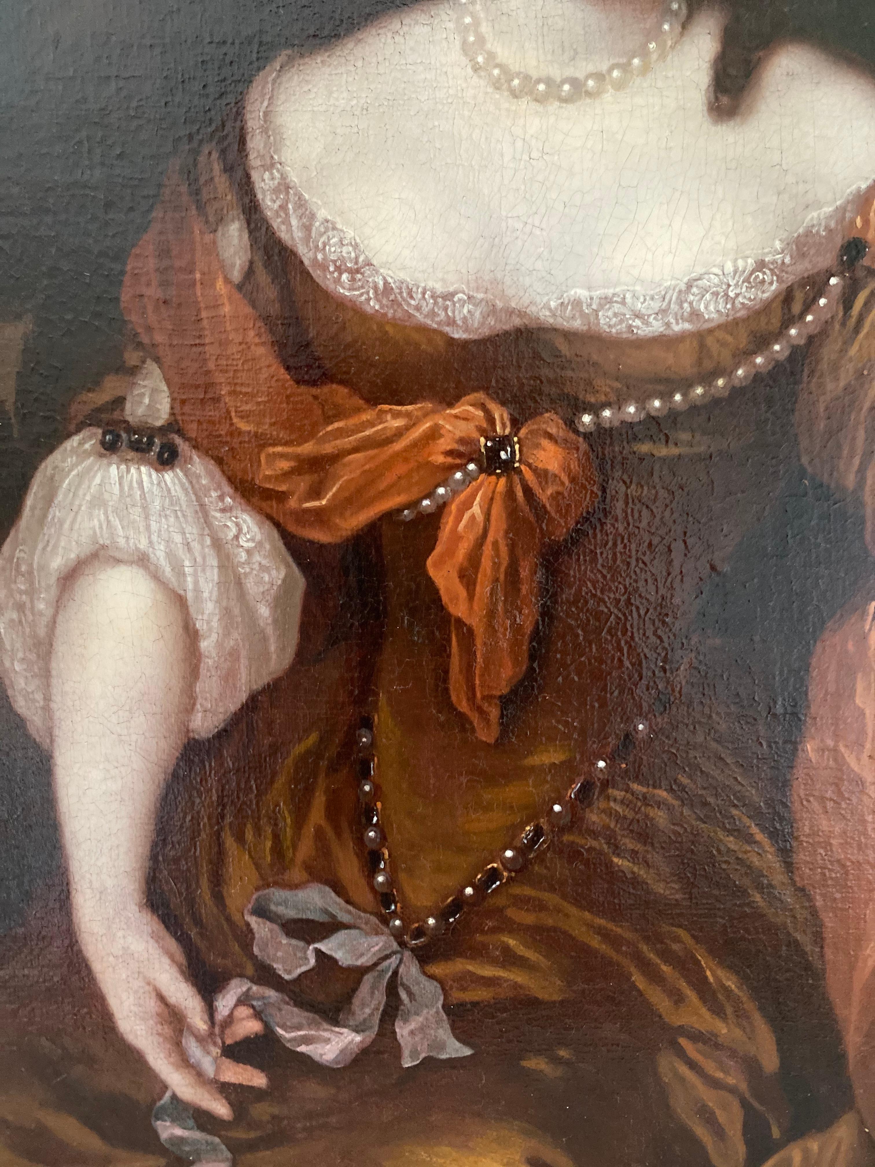 Portrait of a lady, seated on an ornamental garden terrace, wearing a russet coloured dress adorned with pearls and jewels, by Caspar Netscher, c.1680.

Oil on canvas in a burnished giltwood period frame.

Dimensions: 62 x 52cm, (24 1/2 x 20 1/2