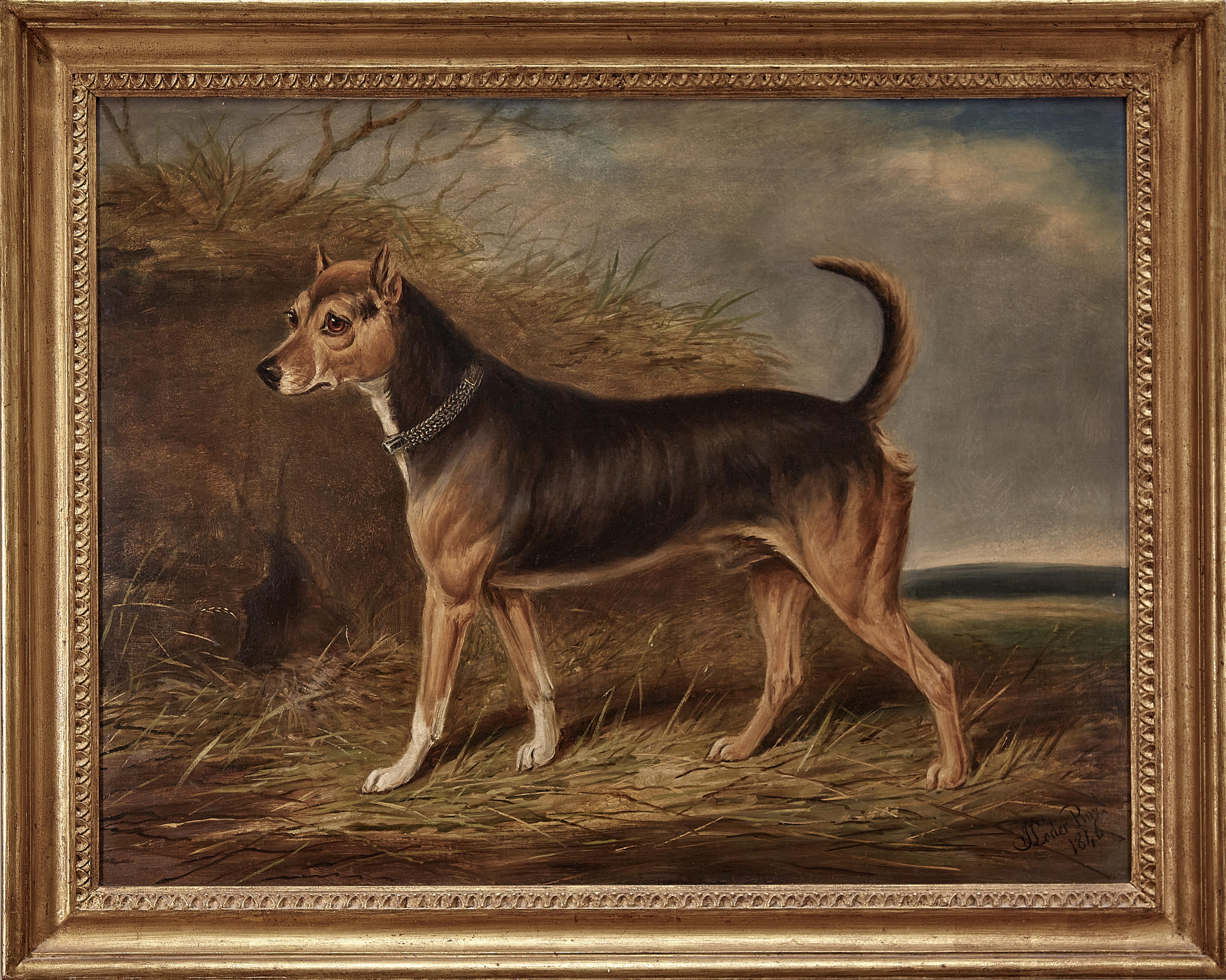 19th century study of a terrier in an English landscape, signed 1846 - Painting by James Loder of Bath