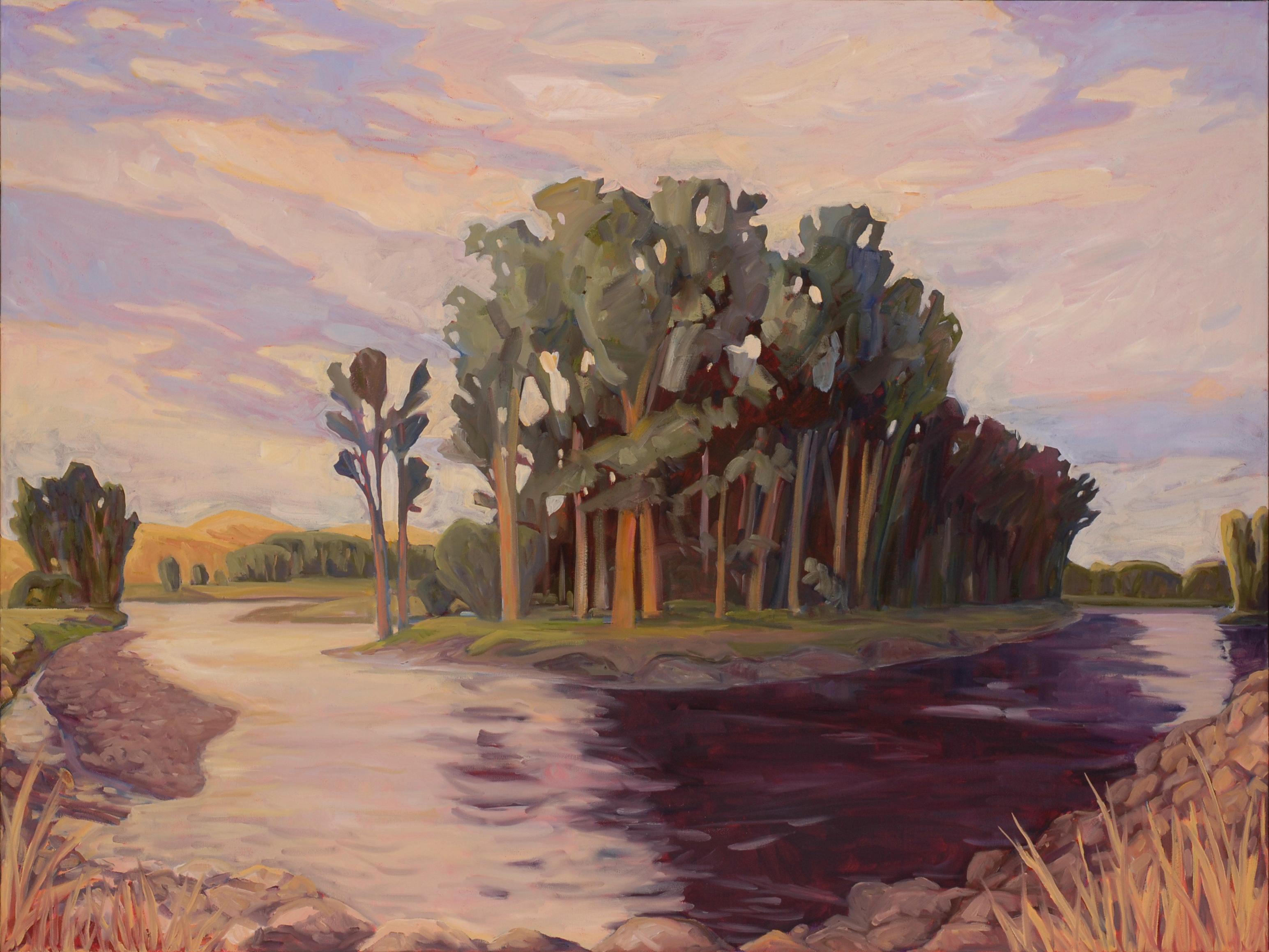 "August Evening on the Big Hole River" is part of the current exhibition "Sky, Field, and Shore" by Tacoma, Washington based artist, Emily Wood. Strikingly rendered in oil, these recent works highlight the diverse topography of the West and the