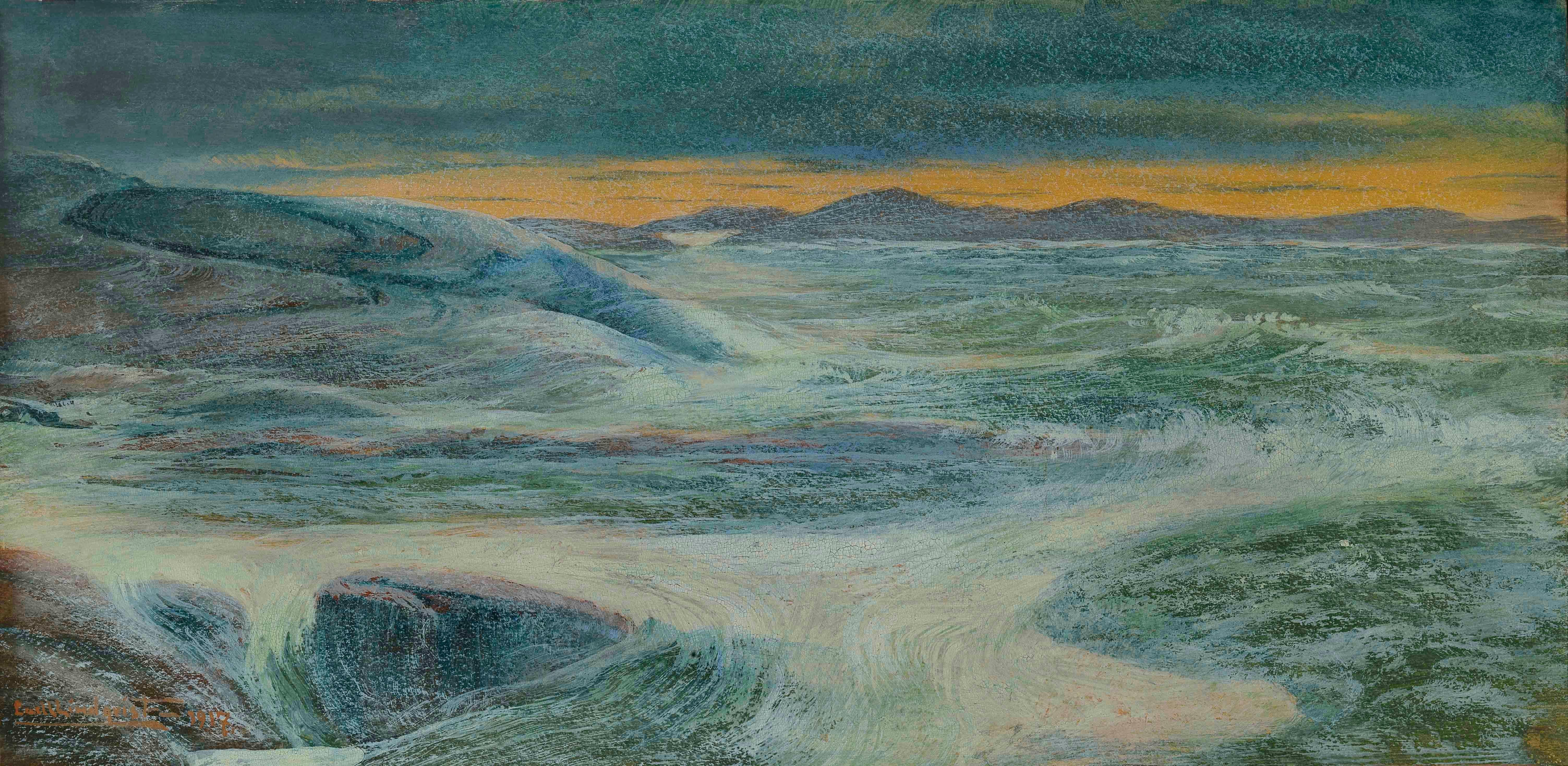 Carl Magnus Lindqvist Landscape Art - View of the Vännäsvägen, Sweden. Twilight landscape with rough sea 