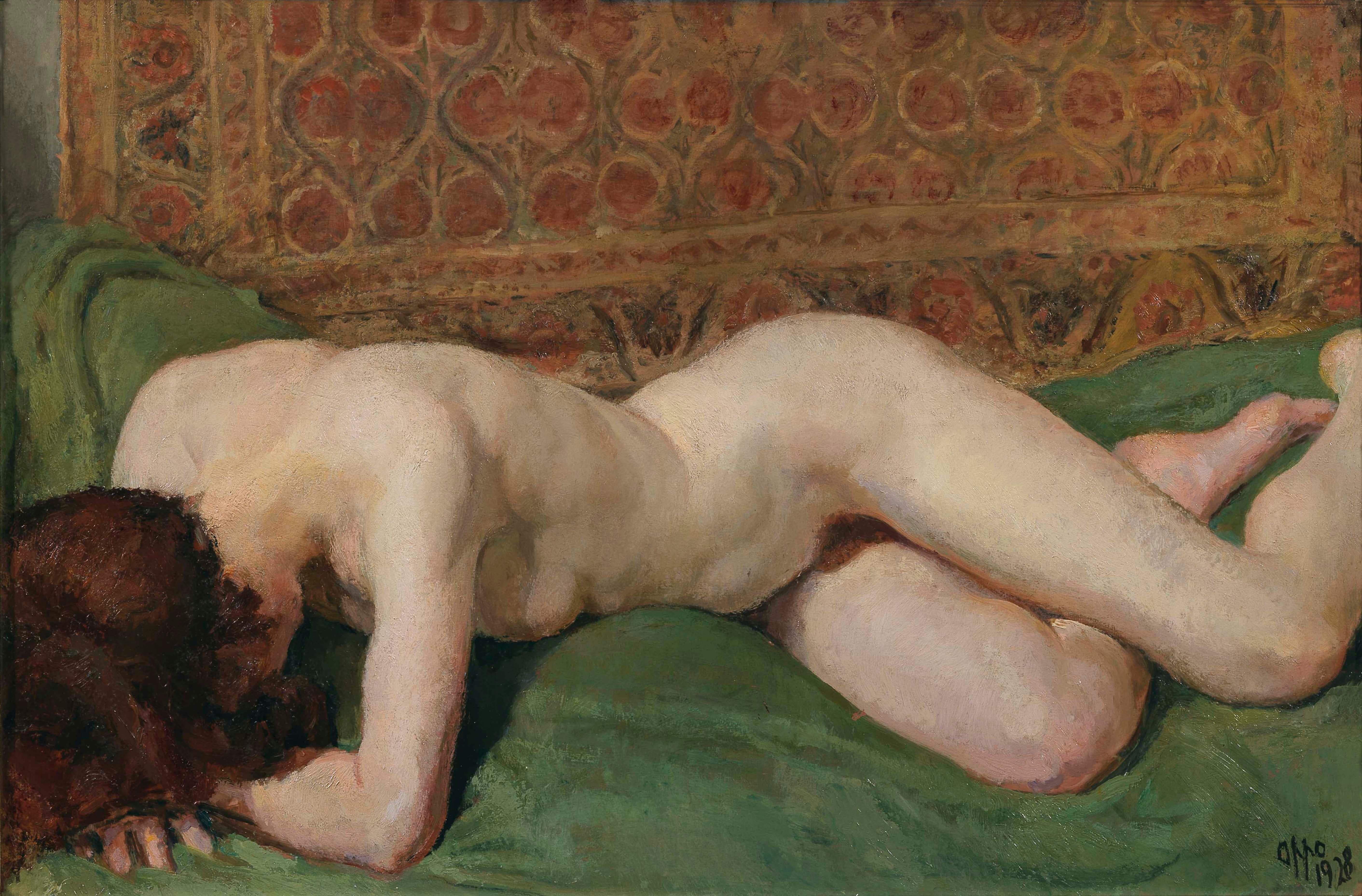 Cipriano Efisio Oppo Nude Painting – Nude of a woman. Sensual portrait of a girl on a bed with colored tapestries