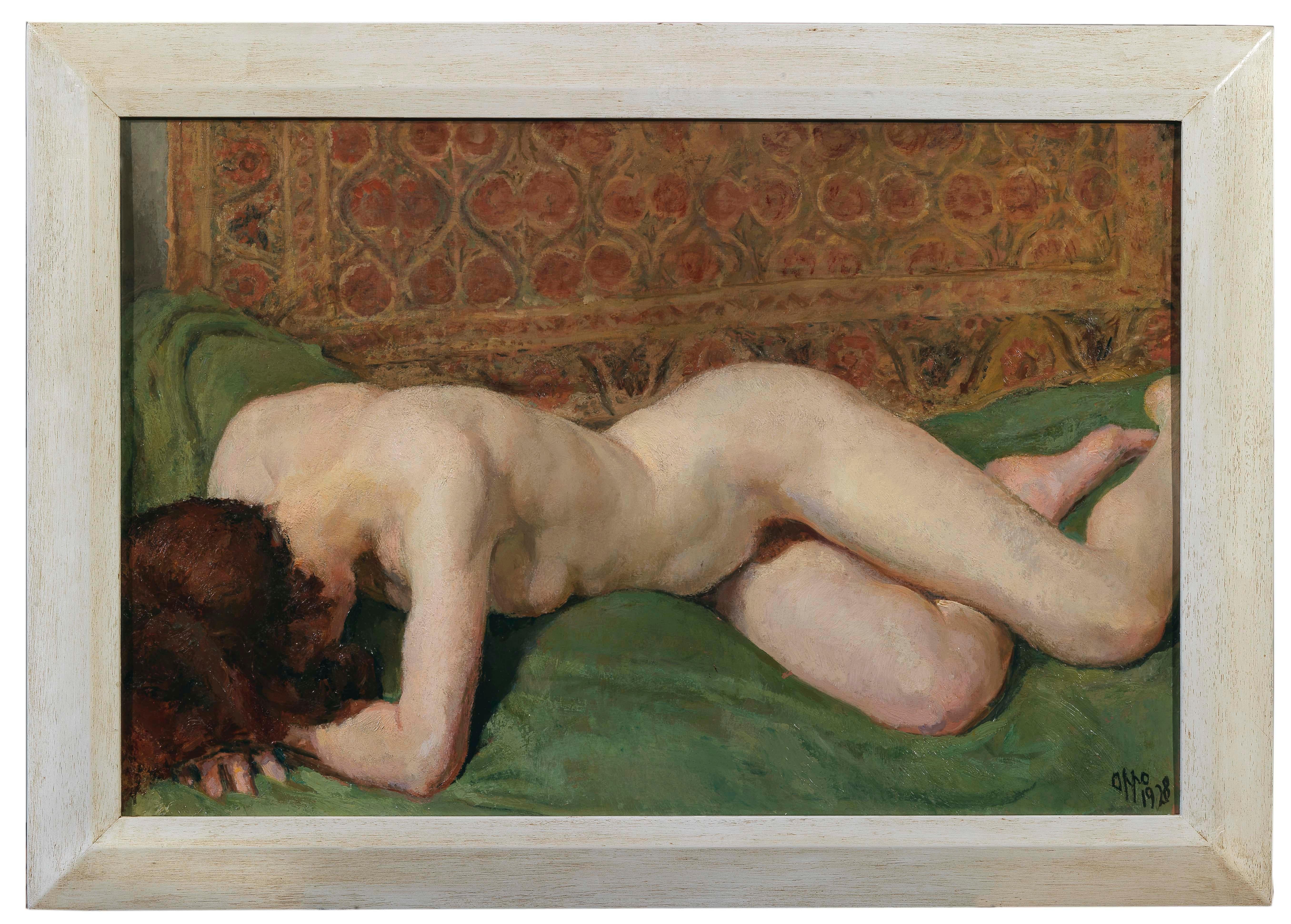 Nude of a woman. Sensual portrait of a girl on a bed with colored tapestries – Painting von Cipriano Efisio Oppo