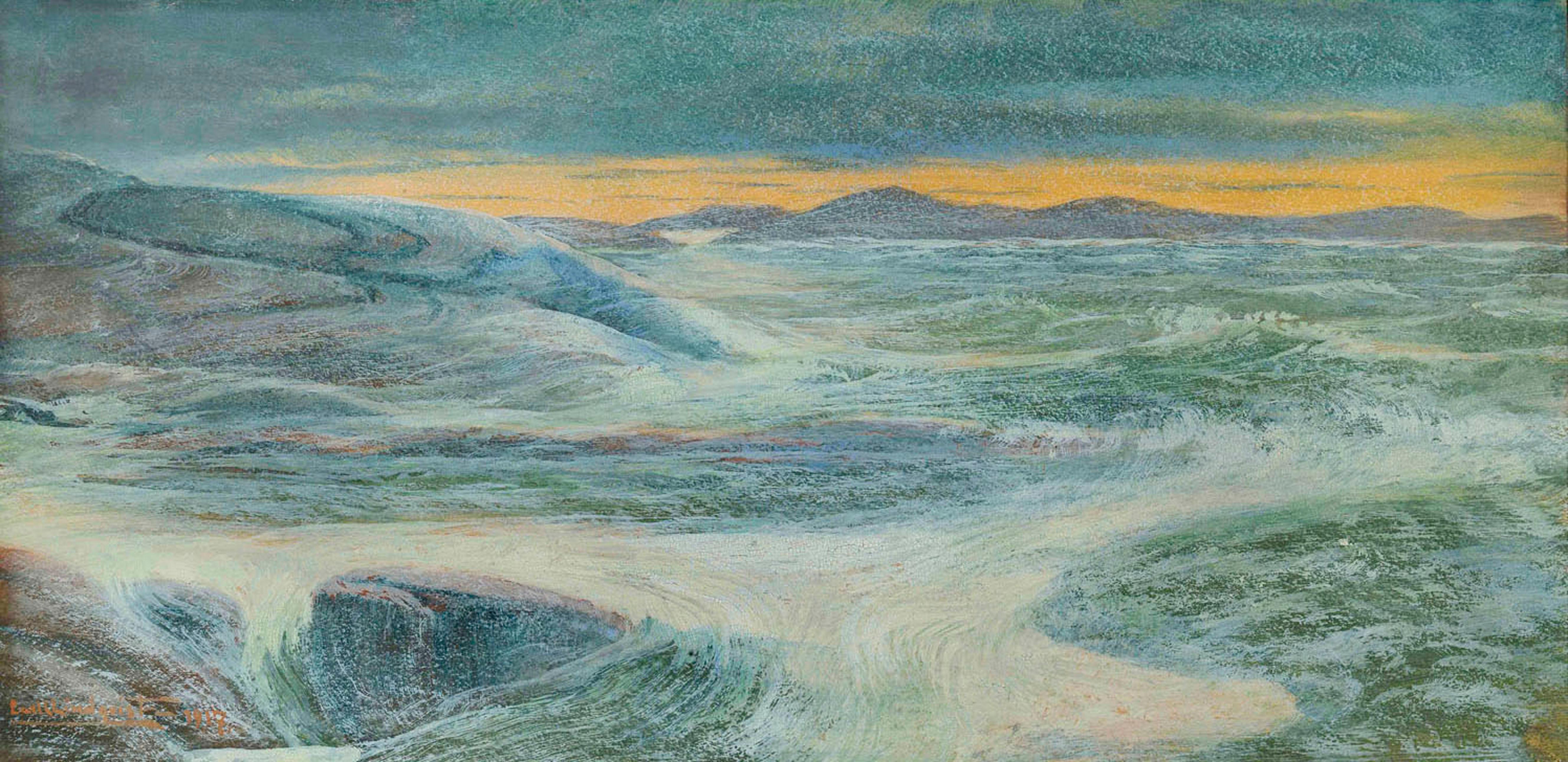 View of the Vännäsvägen, Sweden. Twilight landscape with rough sea  - Art by Carl Magnus Lindqvist