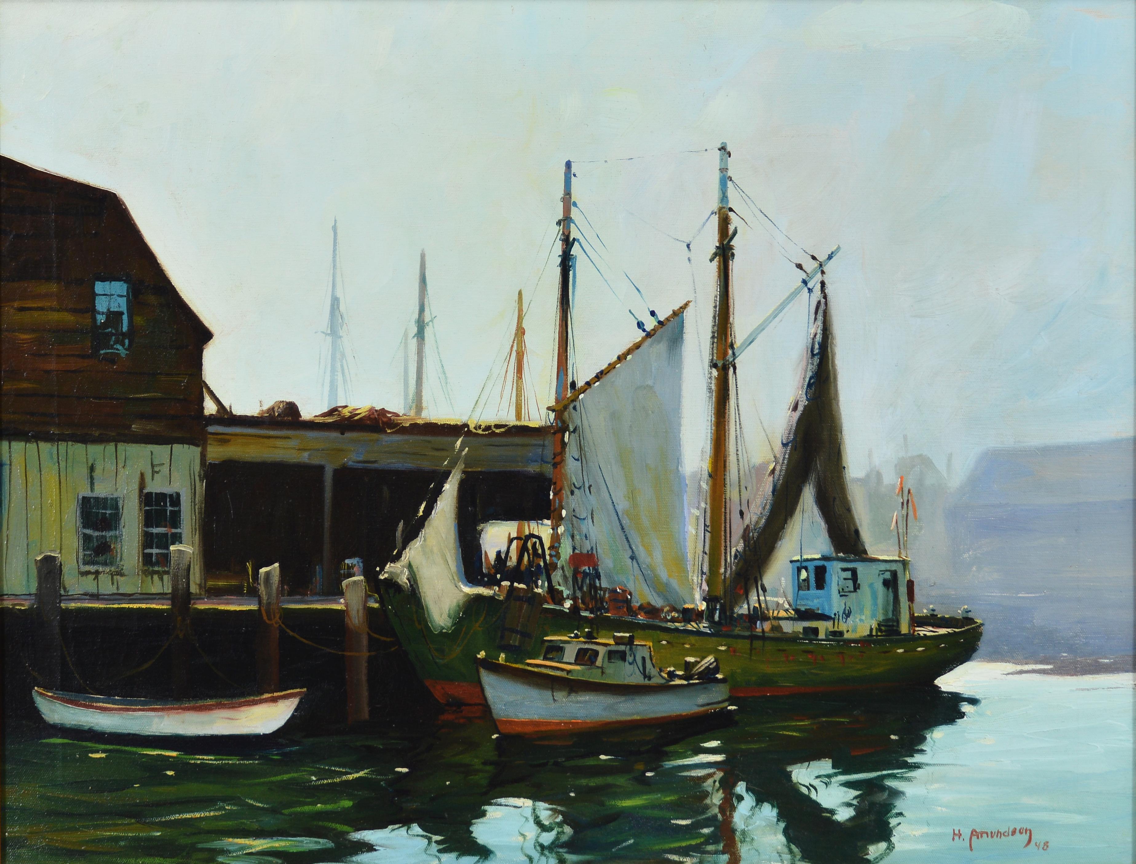 Boats at Dock - American Impressionist Painting by C. Hjalmar Amundsen 