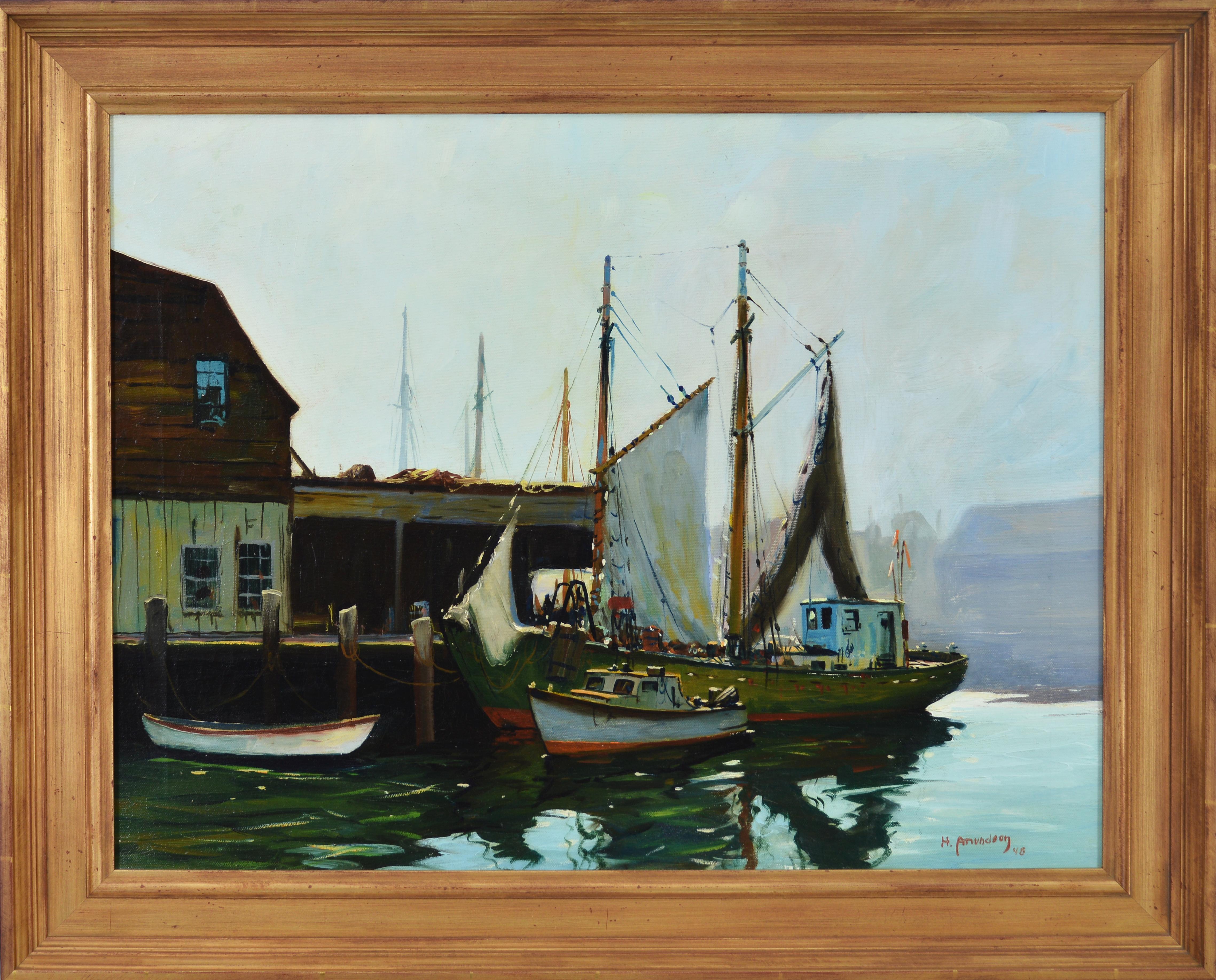 Boats at Dock - Painting by C. Hjalmar Amundsen 