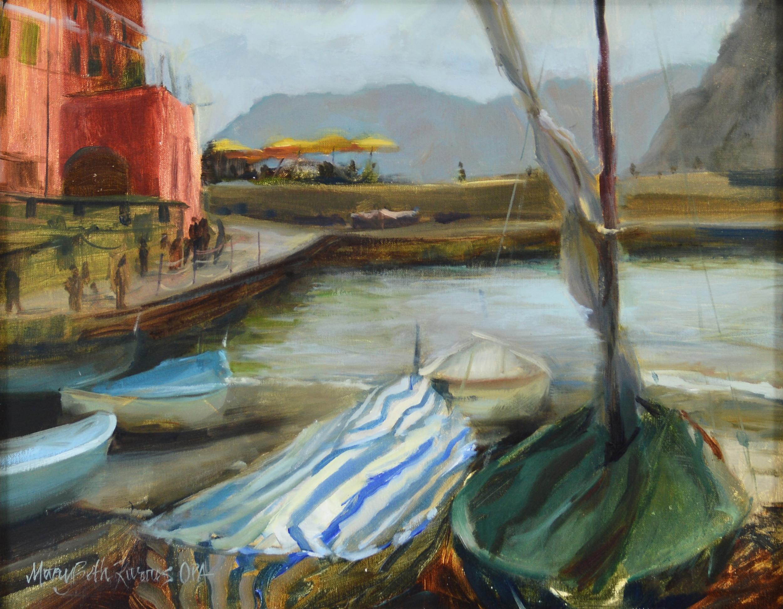 MaryBeth Karaus  Landscape Painting - Boats of Vernazza
