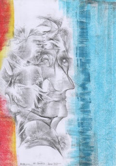 Abstract portrait drawing - paper, yellow red yellow painting oil pastel art