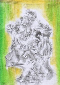 Abstract portrait drawing - paper, yellow green colour painting oil pastel art