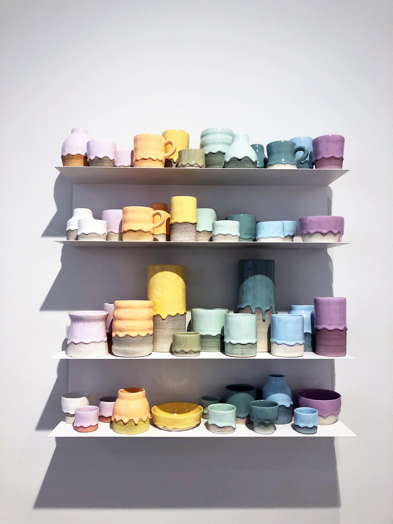Ceramic Vessel Wall Installation with Shelving, 48 Individual Pieces, Colorful - Art by Brian Giniewski