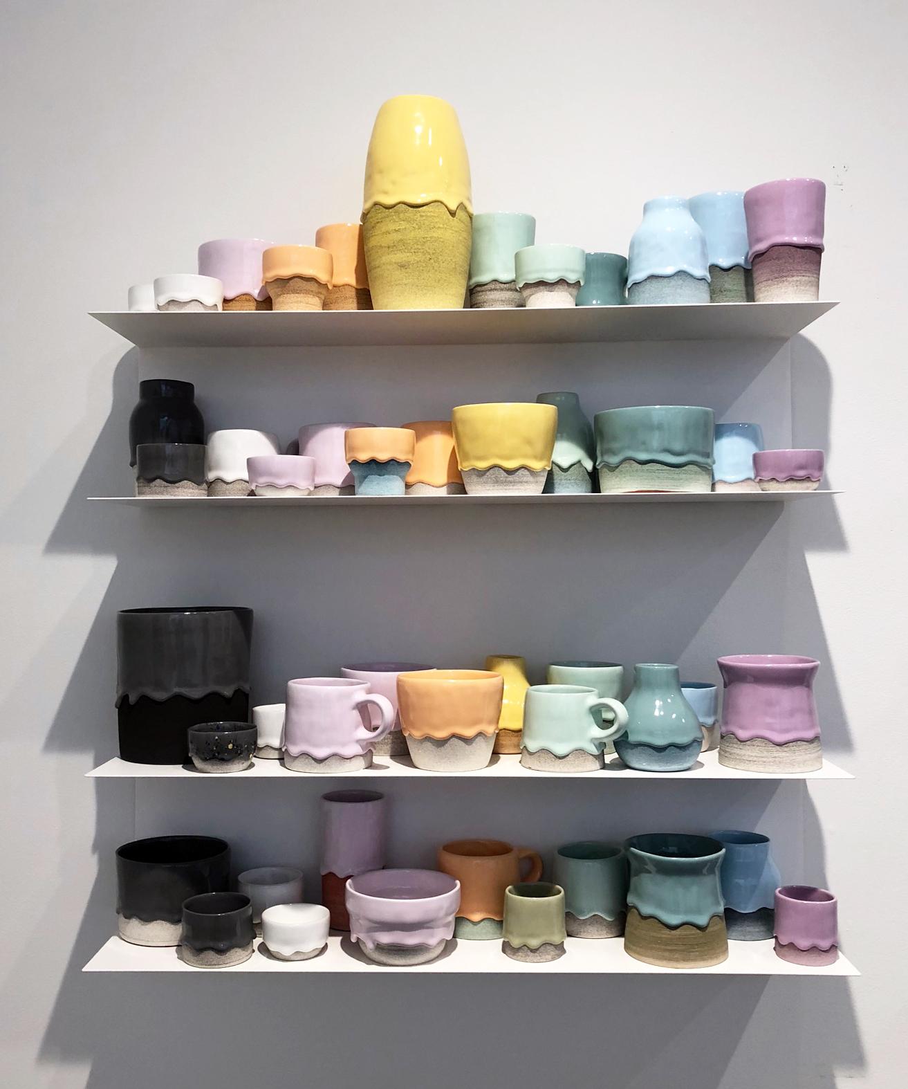 Ceramic Vessel Wall Installation with Shelving, 48 Individual Pieces, Colorful - Contemporary Art by Brian Giniewski