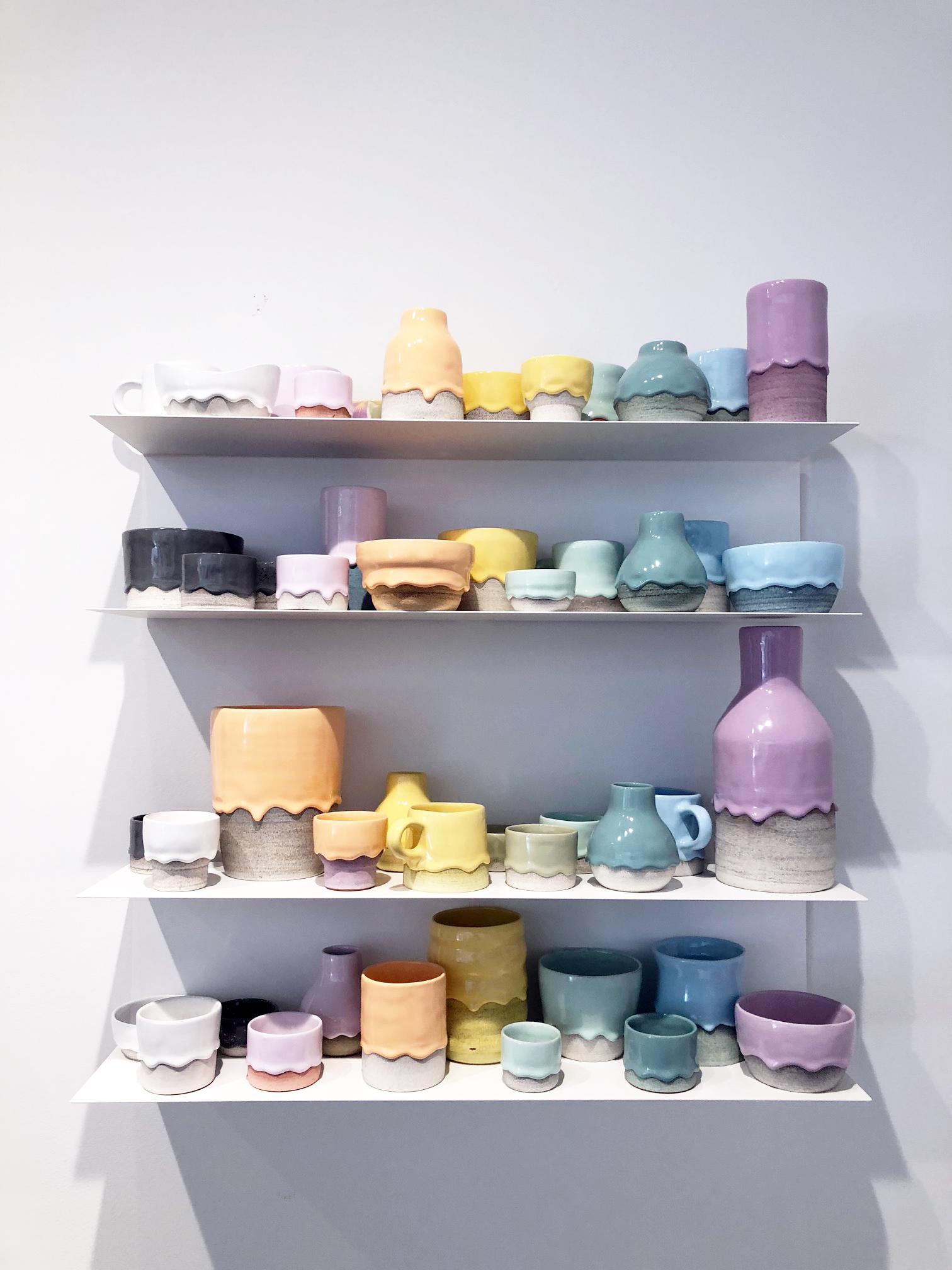Ceramic Vessel Wall Installation with Shelving, 48 Individual Pieces, Colorful 1