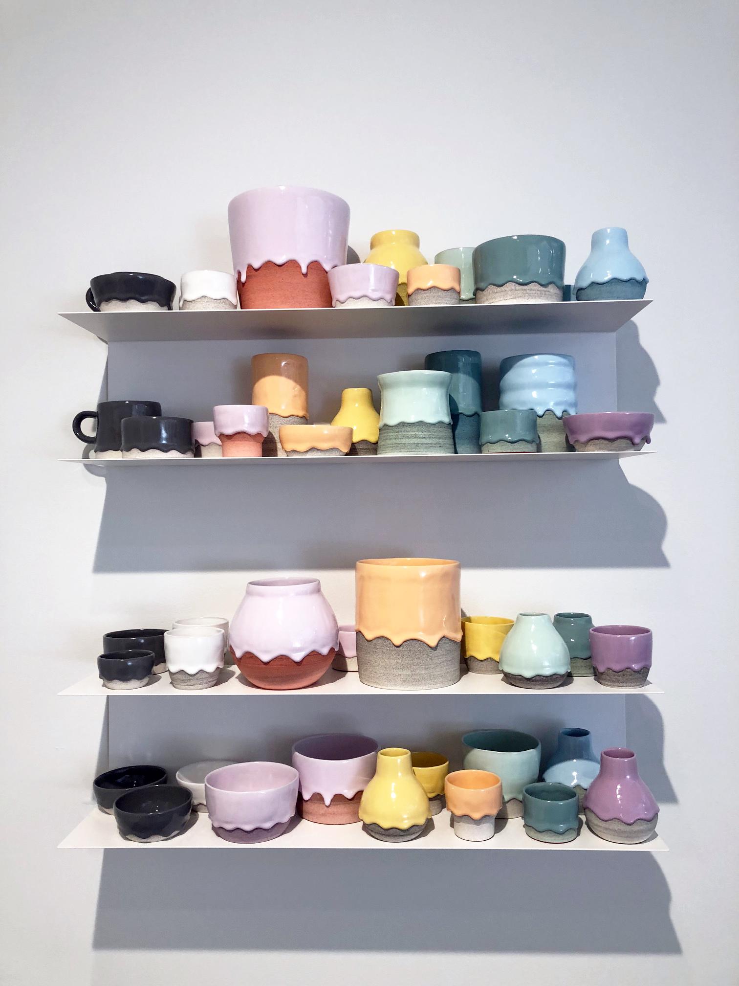 Ceramic Vessel Wall Installation with Shelving, 48 Individual Pieces, Colorful 2