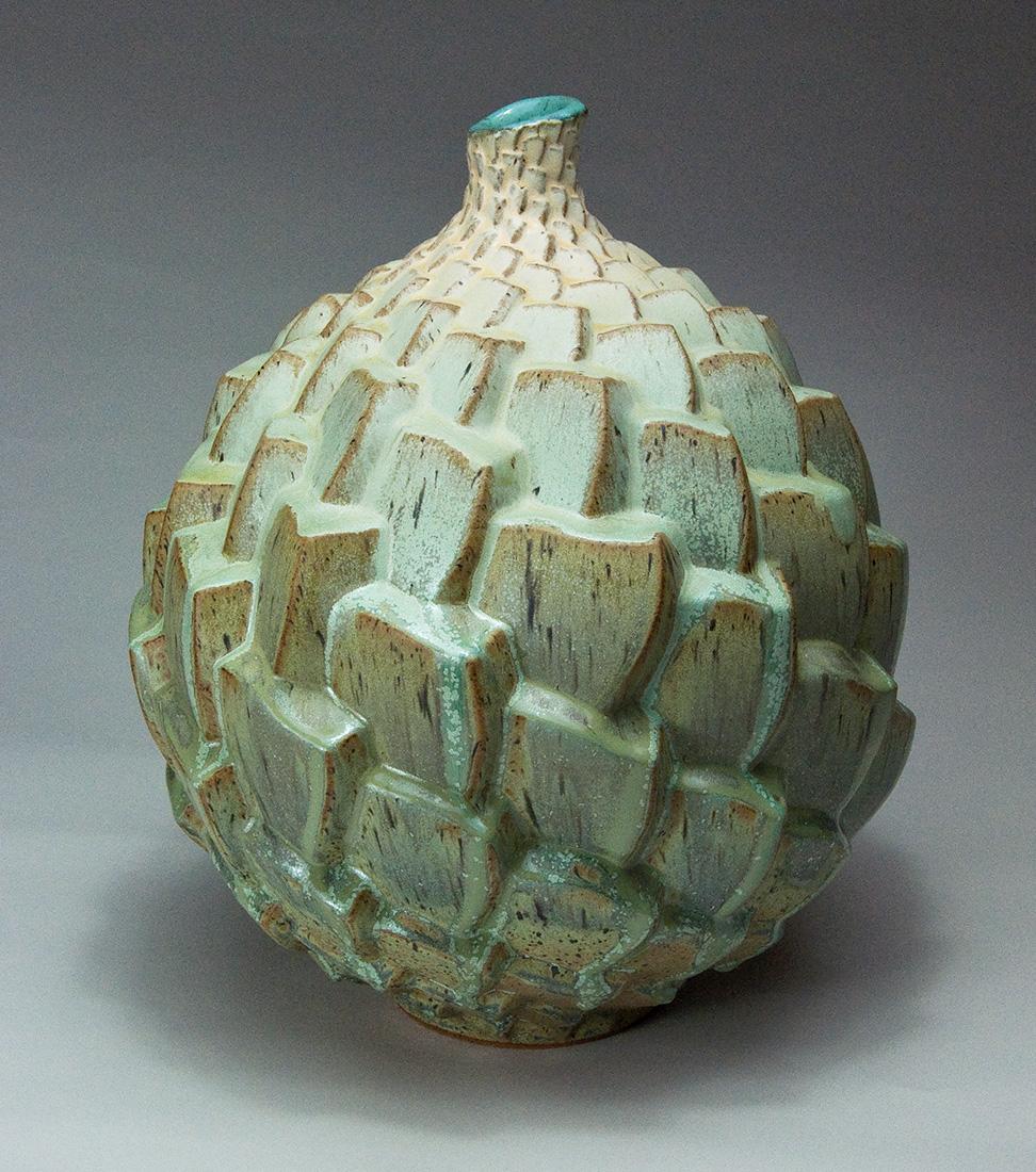 Judith Ernst Abstract Sculpture - Autumnal Equinox 02, Stoneware Ceramic Sculpture with Repeating Pattern, Glaze