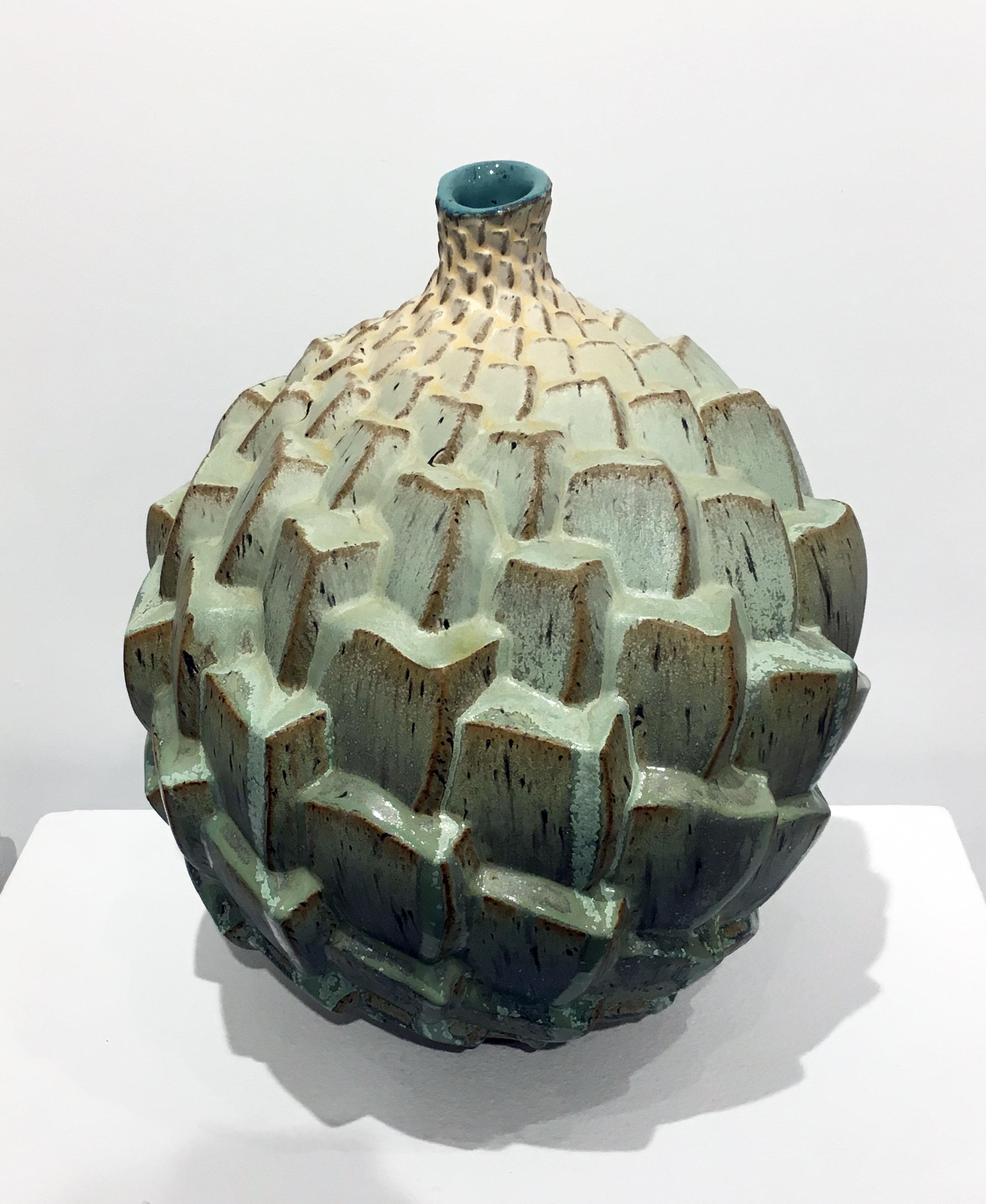 Autumnal Equinox 02, Stoneware Ceramic Sculpture with Repeating Pattern, Glaze - Gray Abstract Sculpture by Judith Ernst