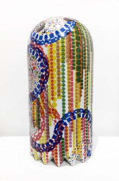 Contemporary Porcelain Sculpture with Intricate Ceramic Decals, Colorful Pattern