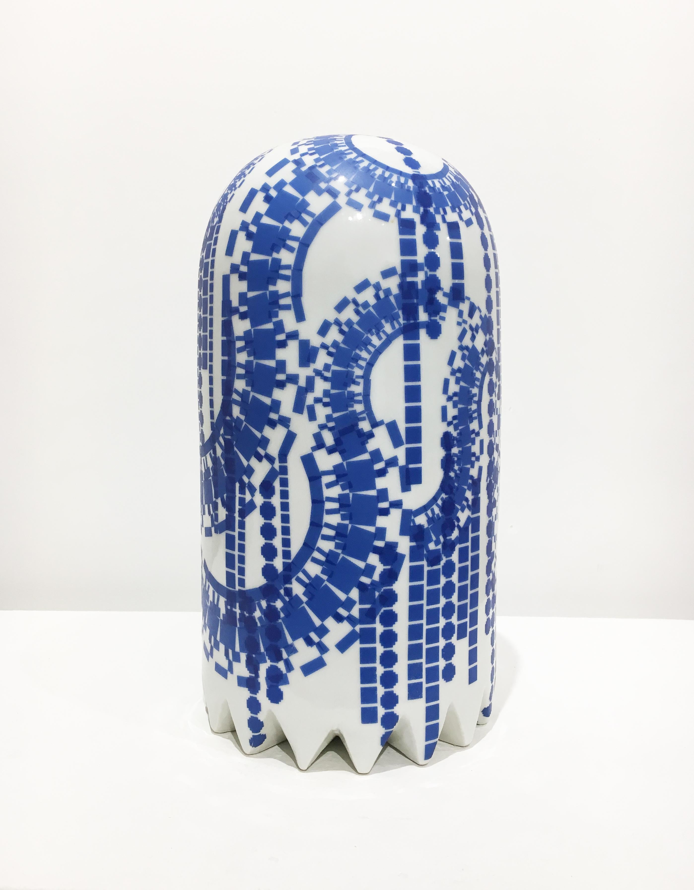 Jesse Small Abstract Sculpture - Ghost with Blue Decals, Contemporary Ceramic Porcelain Sculpture