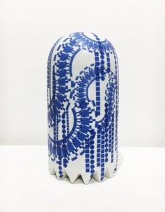 Ghost with Blue Decals, Contemporary Ceramic Porcelain Sculpture