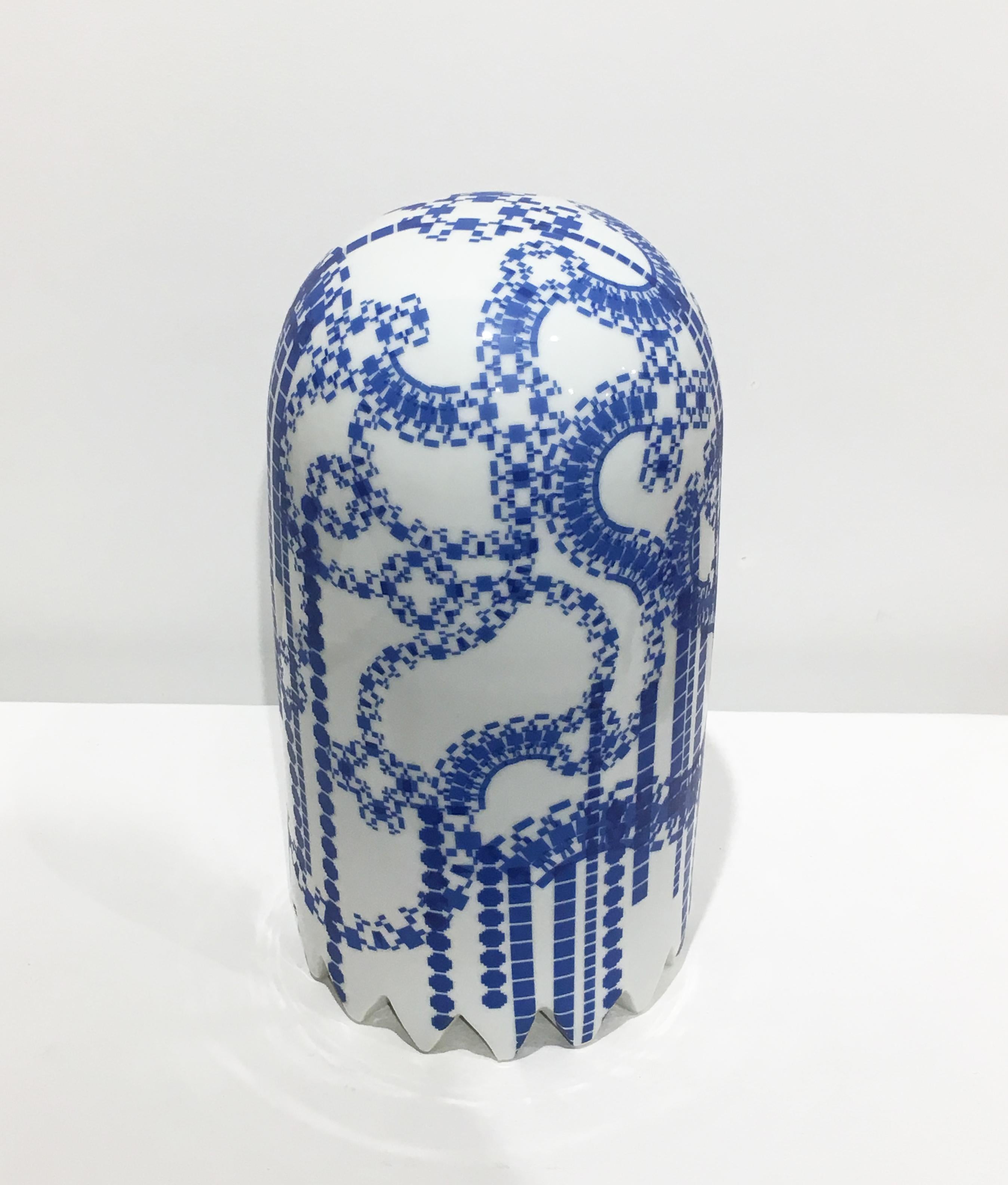 Ghost with Blue Decals, Contemporary Ceramic Porcelain Sculpture - White Abstract Sculpture by Jesse Small