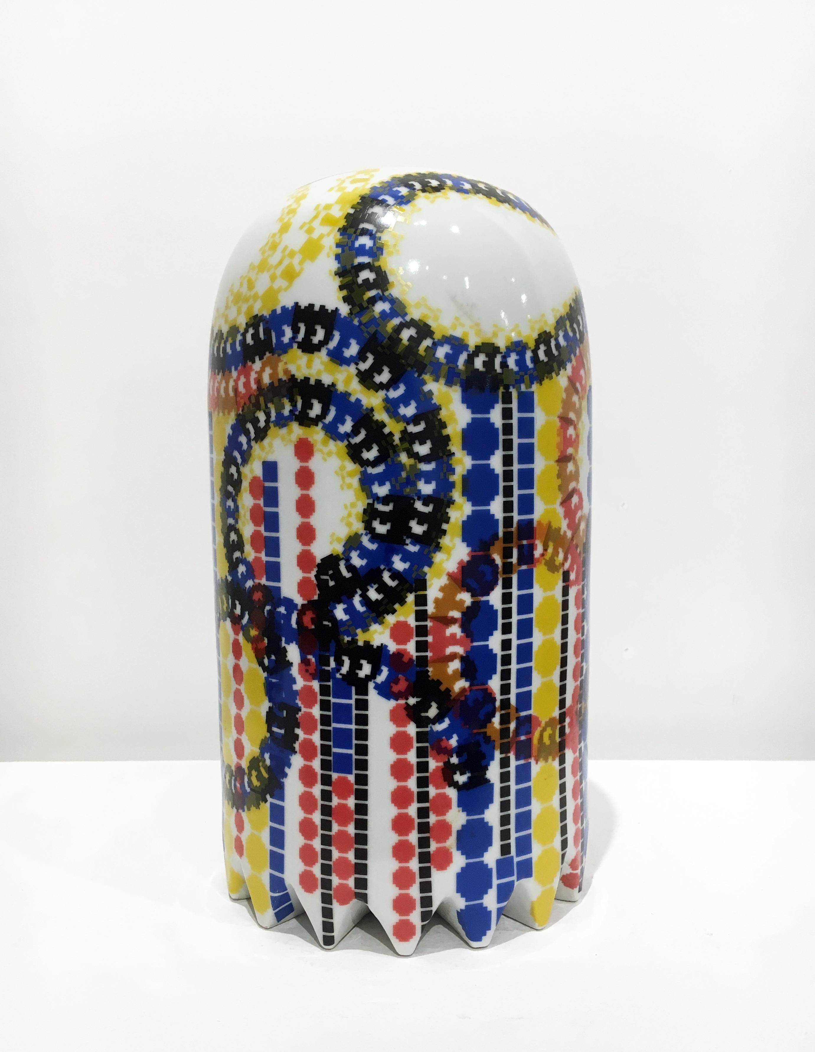 Medium Sized Contemporary Ceramic Sculpture with Colorful Decals, Porcelain 