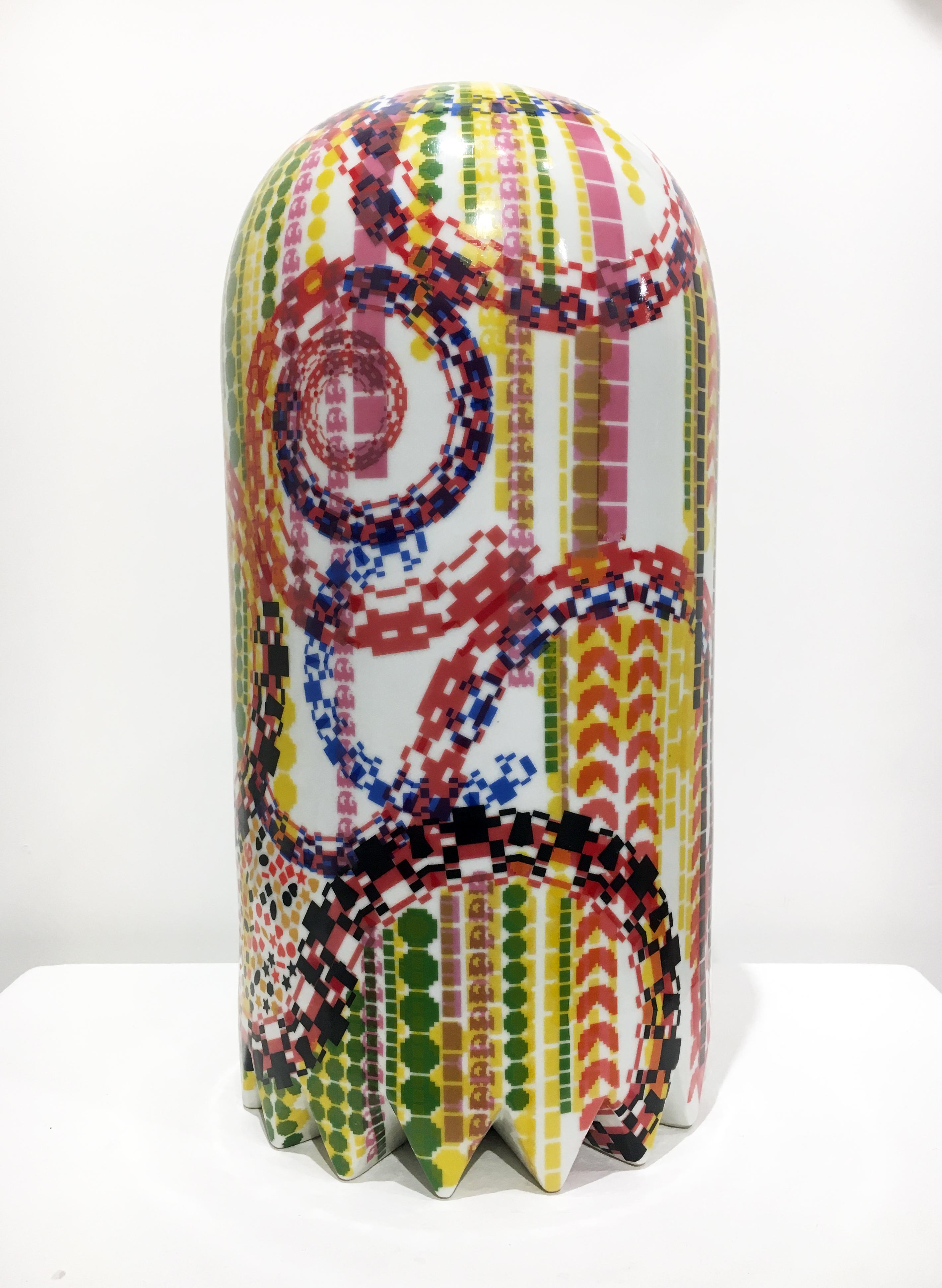 Contemporary Ceramic Sculpture with Colorful Decal Pattern, Porcelain with Glaze