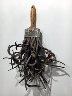 Catalpa Brush, Mixed Media Surrealist Sculpture with Wood, Metal, and Organic