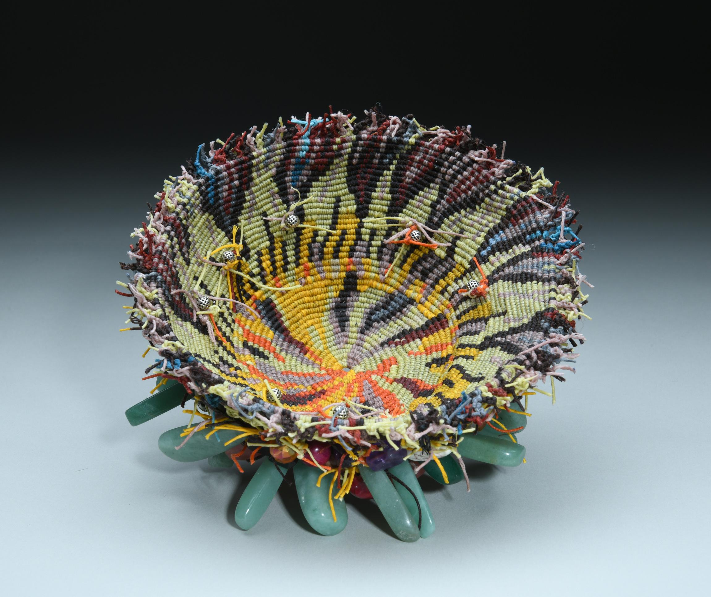 Sun Smith-Forêt Abstract Sculpture - "Bowl with Jade Bottom", Contemporary Mixed Media Textile Sculpture with Stones