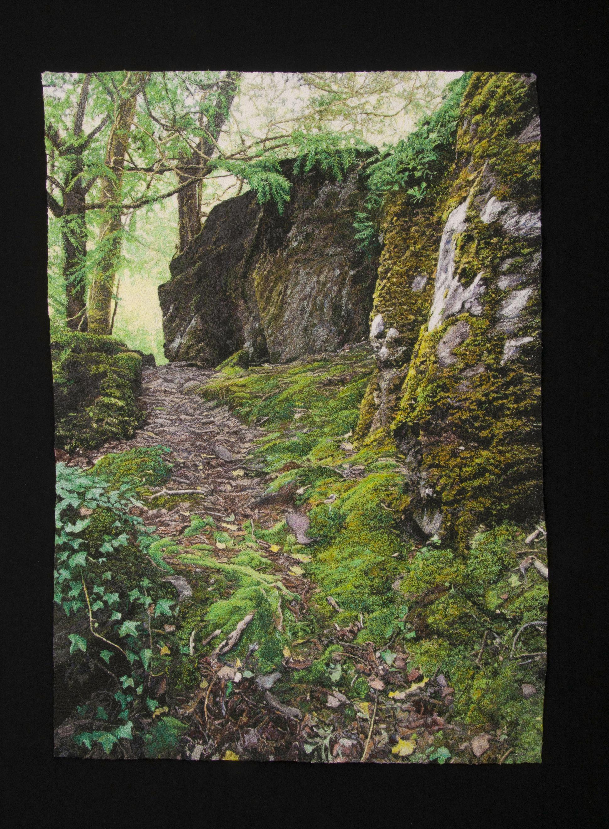 "Mossy Path", Contemporary, Framed, Embroidery, Photorealism, Nature, Landscape - Mixed Media Art by Carol Shinn
