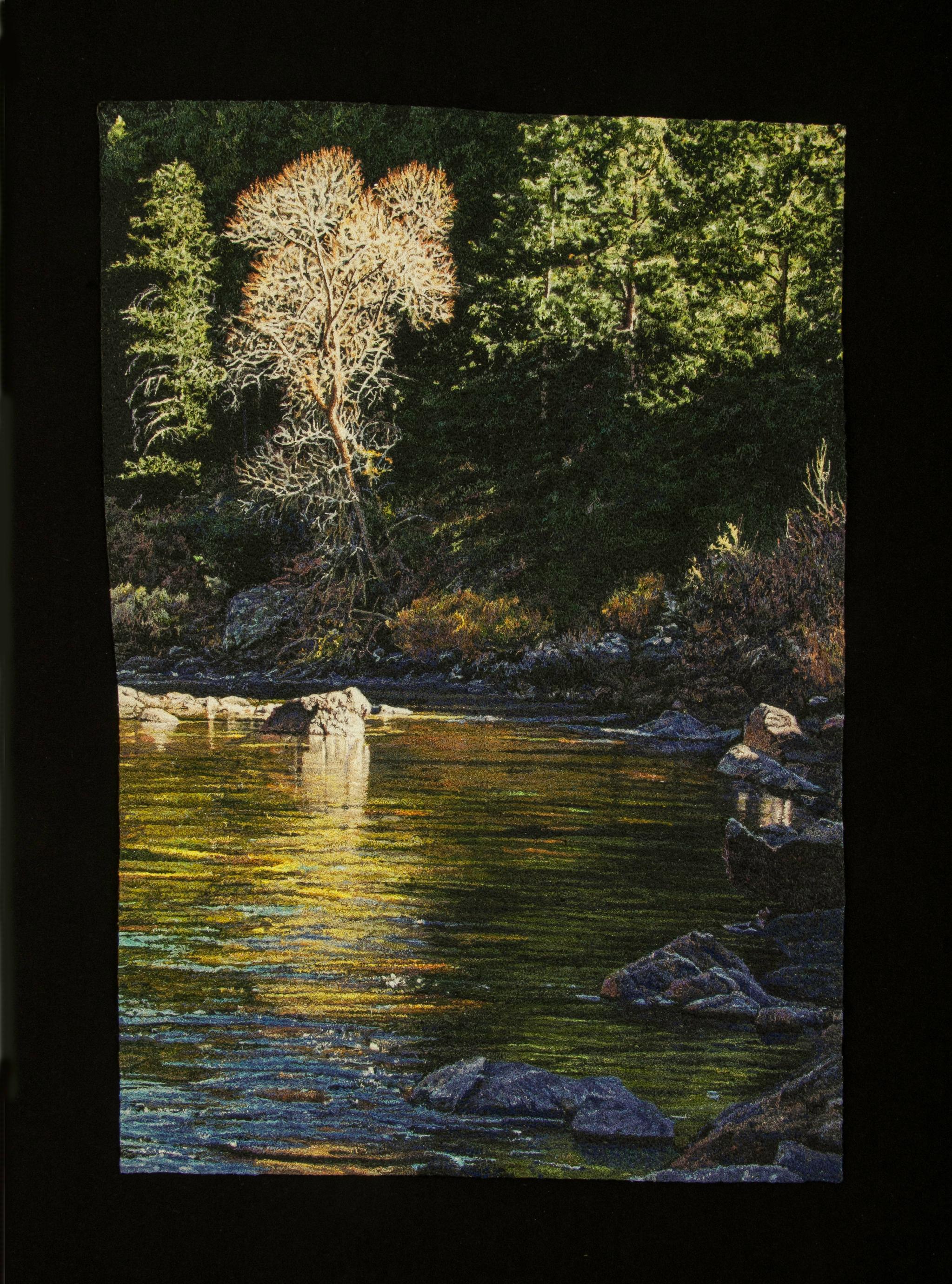 "Quiet Riverside", Contemporary, Framed, Embroidery, Photorealism, Nature - Art by Carol Shinn