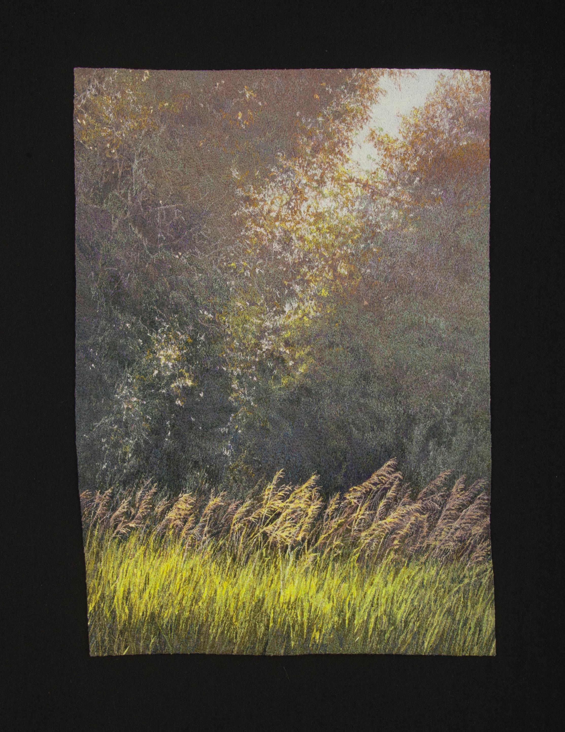 "Trees and Grasses", Contemporary, Embroidery, Photorealism, Framed, Textile
