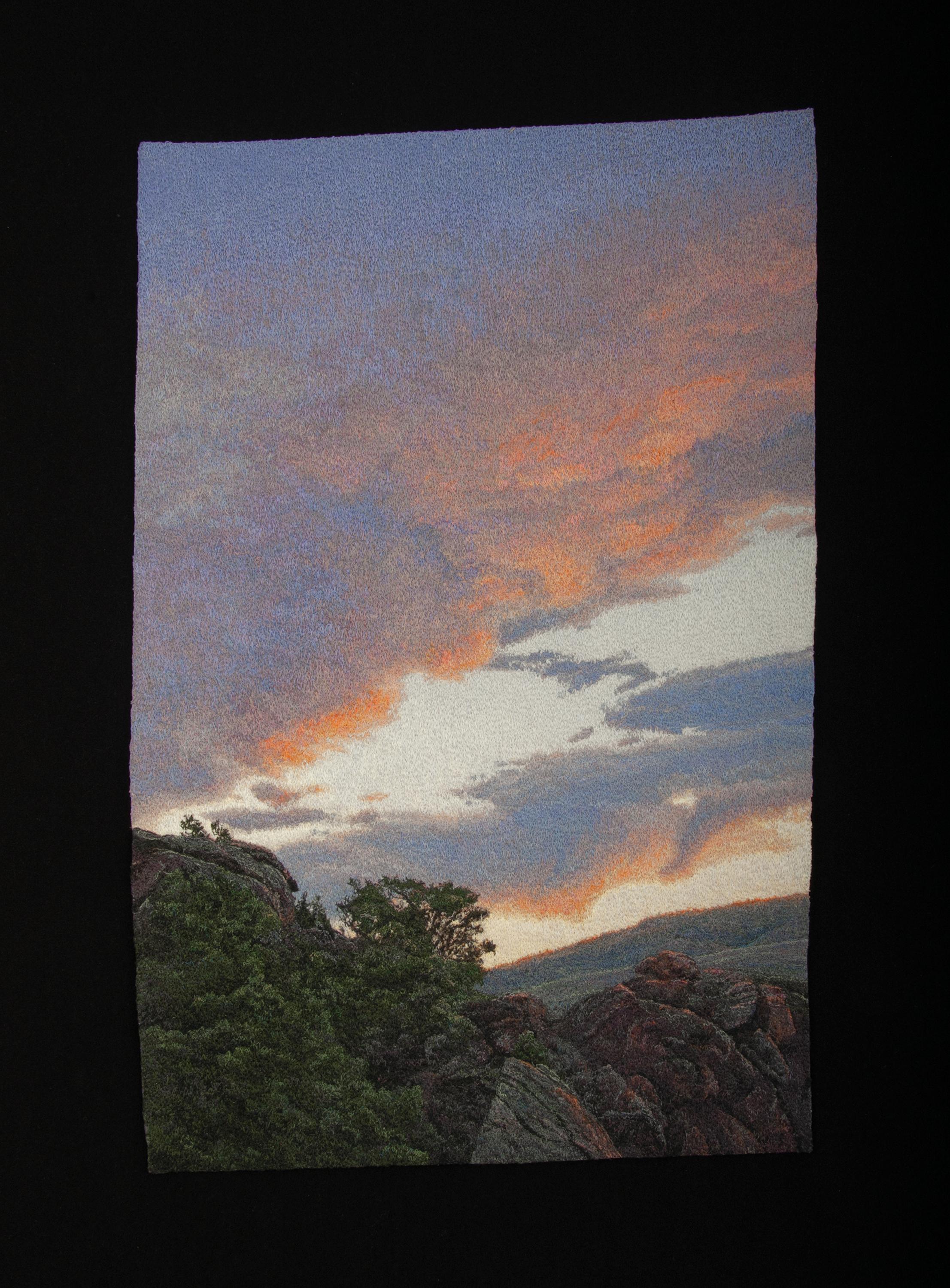 Carol Shinn Landscape Painting – "Early Morning Foothills", fotorealistisch, Stickerei, gerahmt, Natur, Garn