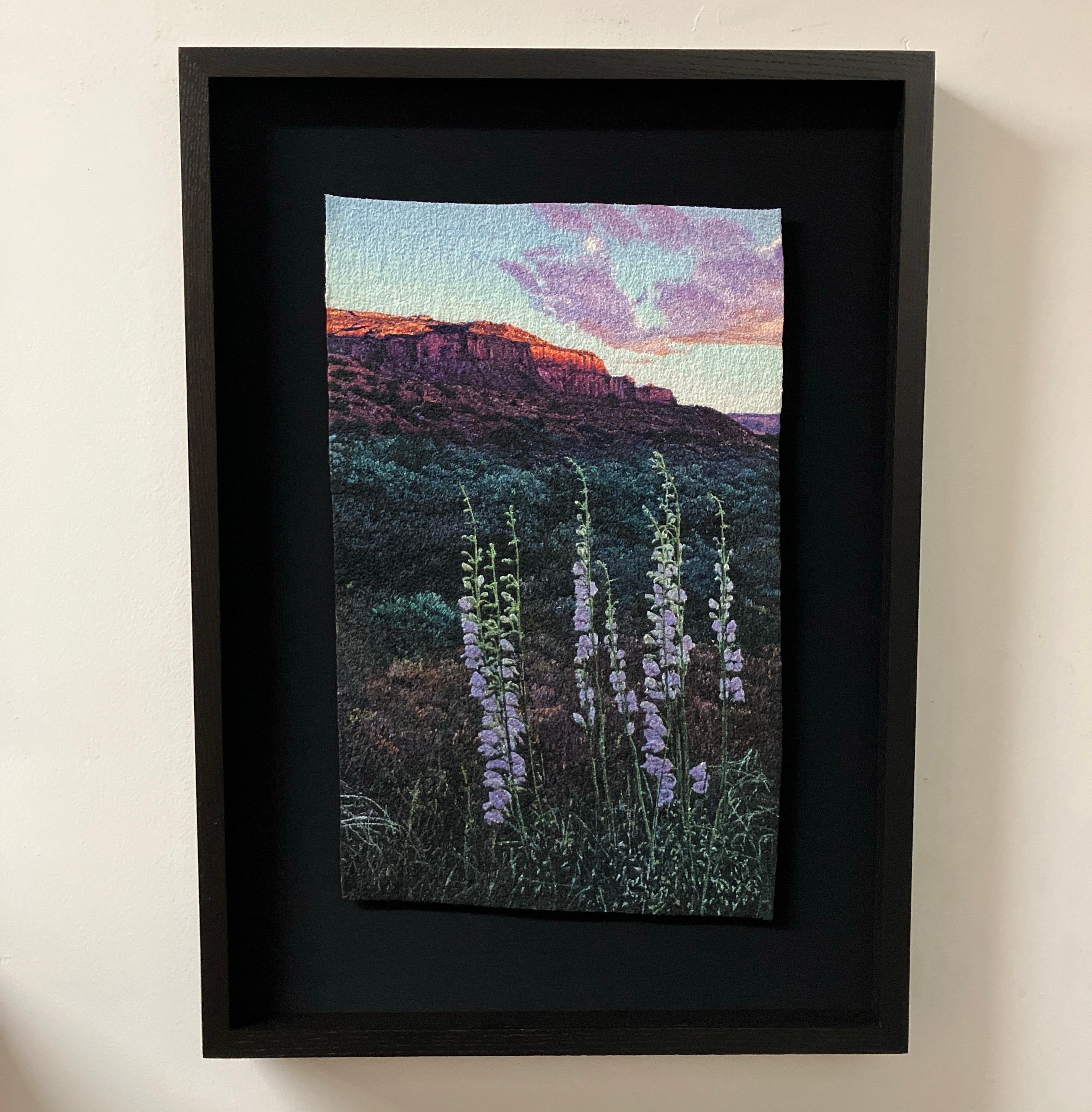 Fotorealistische Landschaftsstickerei, Blumen, Nature, gerahmt, Sonnenaufgang Penstemons – Painting von Carol Shinn