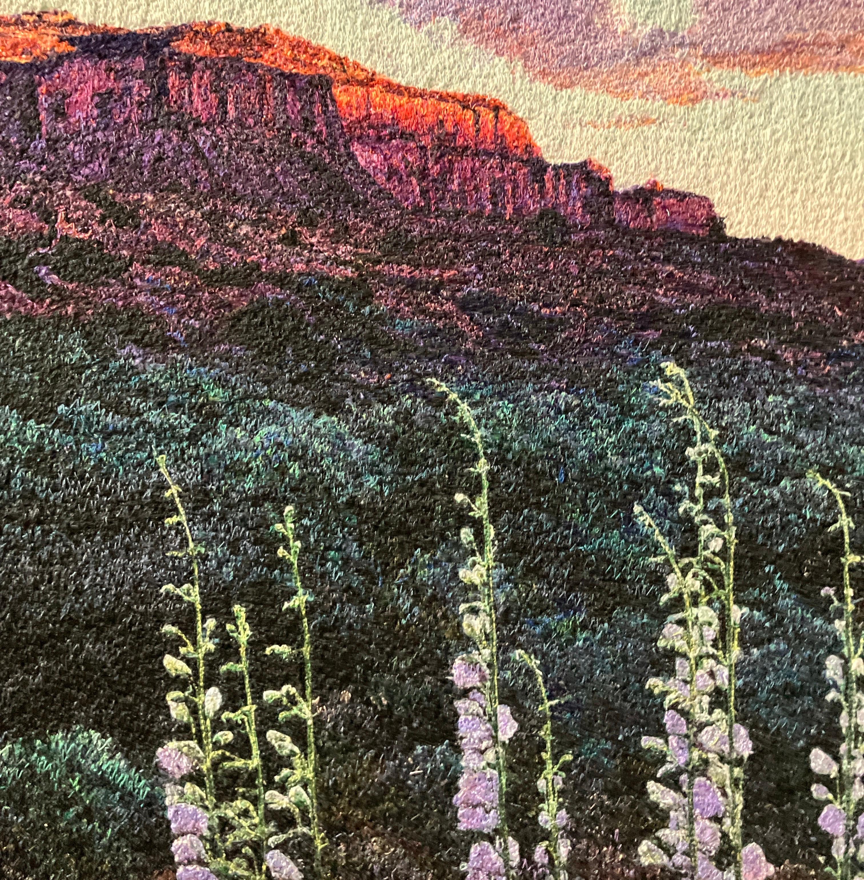 Fotorealistische Landschaftsstickerei, Blumen, Nature, gerahmt, Sonnenaufgang Penstemons im Angebot 2