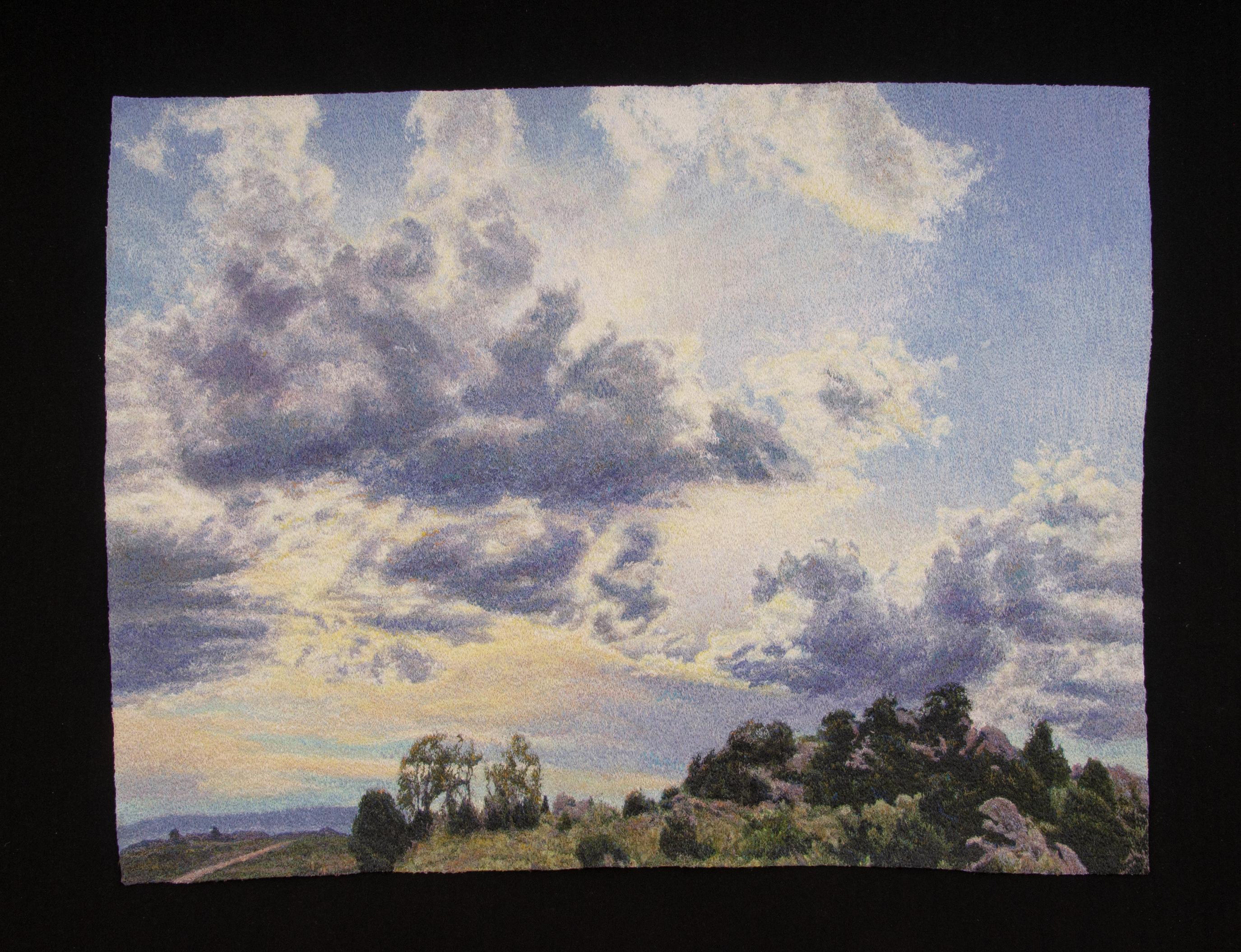 Carol Shinn Landscape Painting - Photorealistic Embroidery, Framed, Landscape, Big Sky, Clouds, Trees, Fiber Art