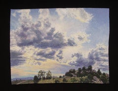 Bordado Fotorrealista, Enmarcado, Paisaje, Gran Cielo, Nubes, Árboles, Arte en Fibra Óptica