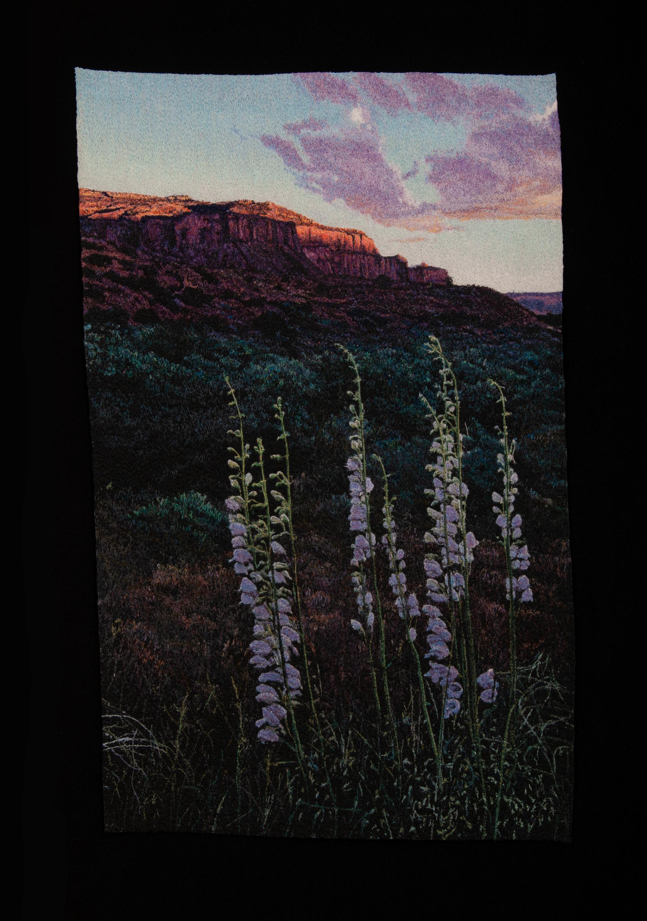 Carol Shinn Landscape Painting – Fotorealistische Landschaftsstickerei, Blumen, Nature, gerahmt, Sonnenaufgang Penstemons