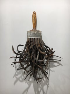 Catalpa Brush, Mixed Media Surrealist Sculpture with Wood, Metal, and Organic