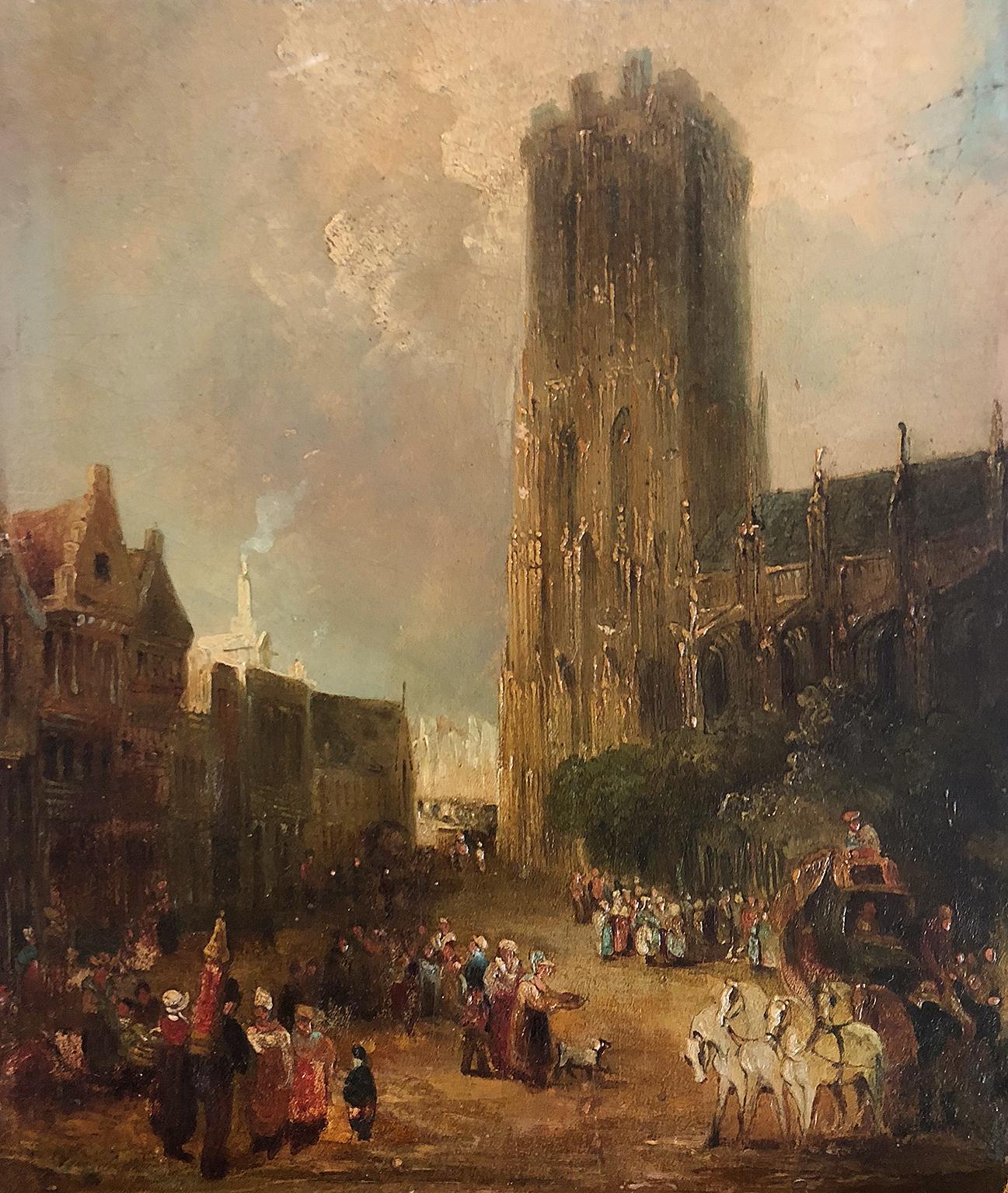 Circle of Richard Parkes Bonington Landscape Painting - Cathedral of Notre Dame and Market Place at Caudebec-en-Caux