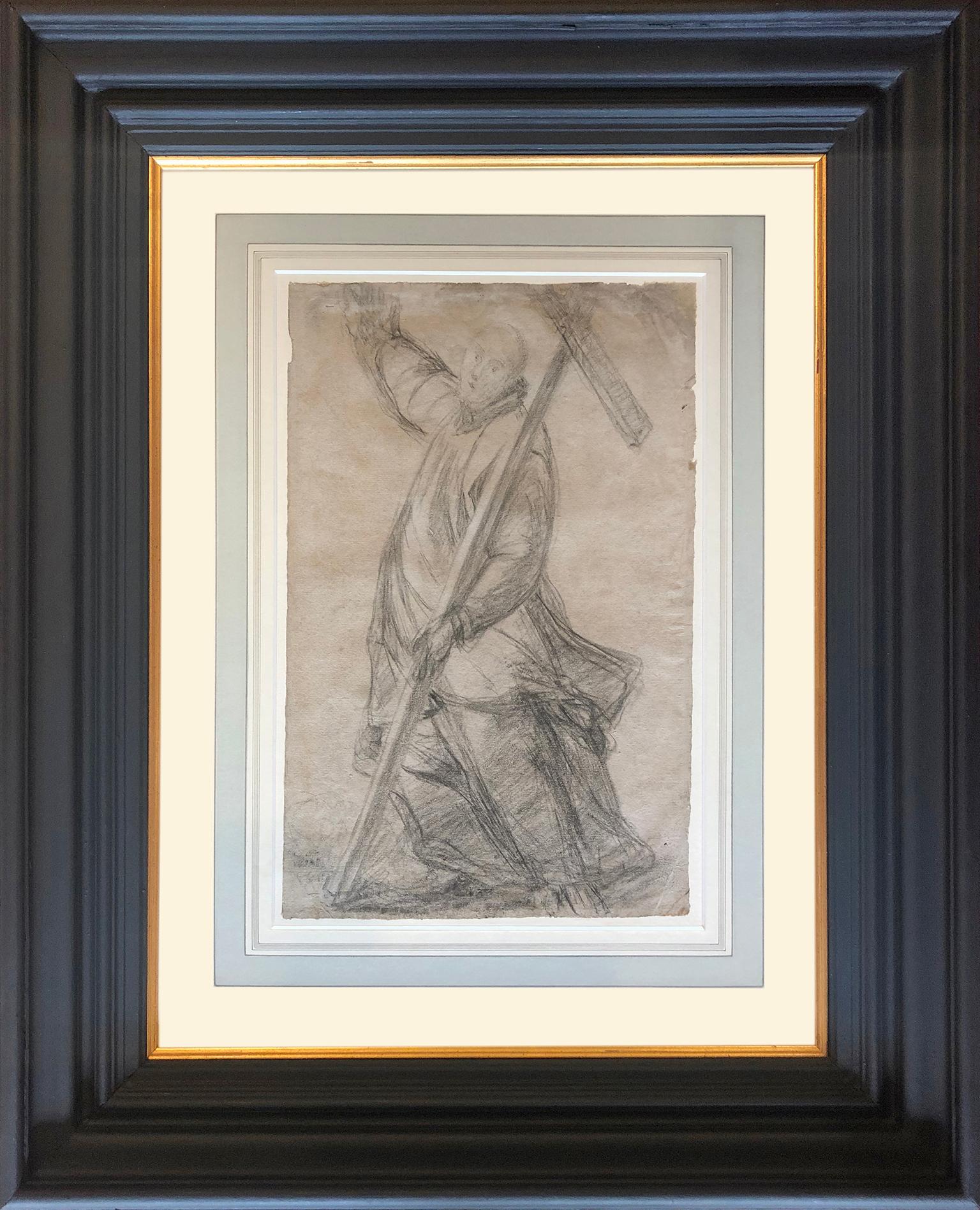 Giovanni Biliverti, (Florence 1585-1644 Florence), Saint Bernard of Clairvaux holding the Cross. 
Black chalk heightened with white chalk on light brown paper with the watermark of a crowned eagle bearing initials VC.
A counter-proof of a figure in