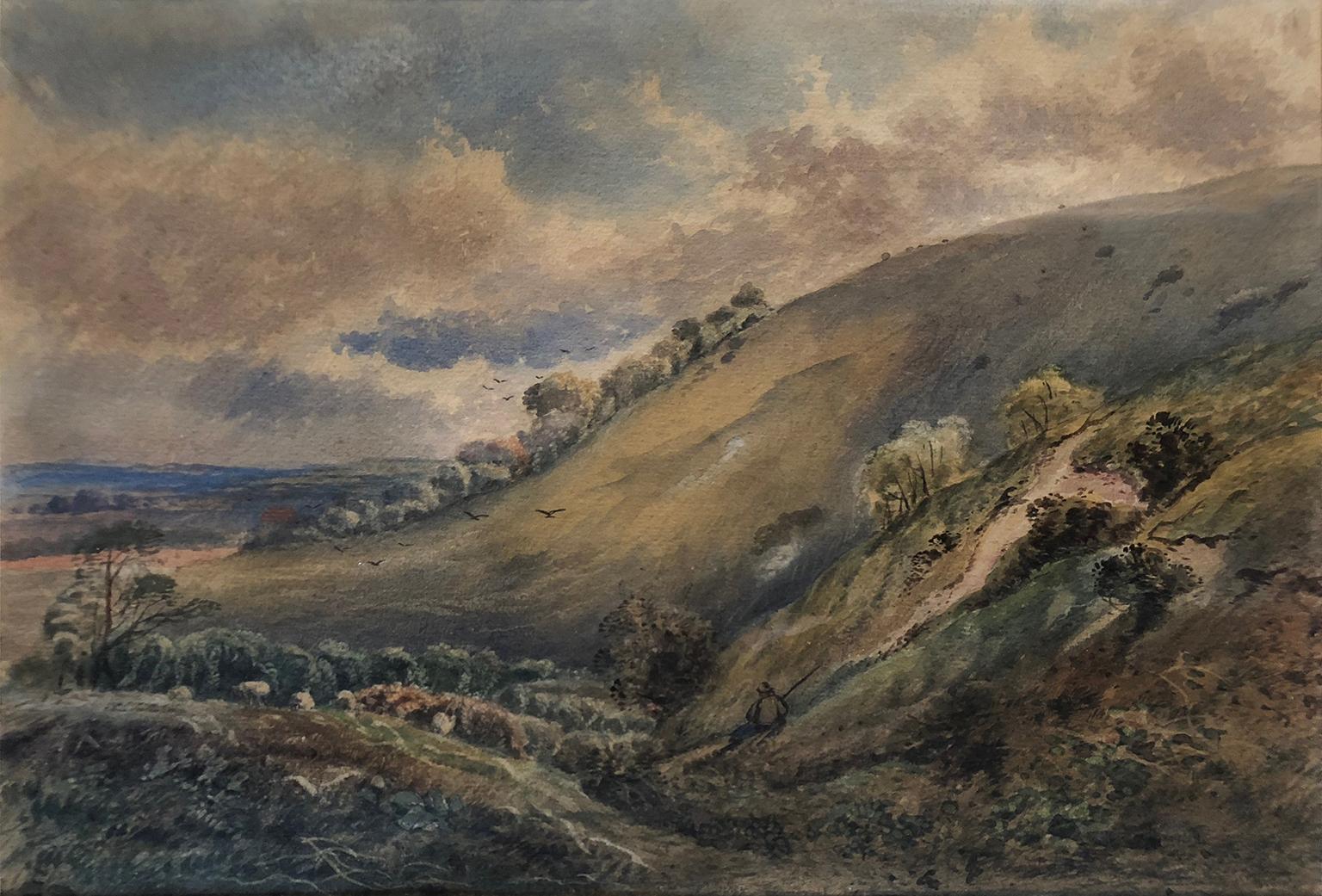 (Follower of) John Constable (1776-1837) Landscape with Shepherd and Sheep.
A lovely Period watercolour in the English tradition that shares attributes with that of Constable. Most likely executed by an inspired contemporary of the time. 

John