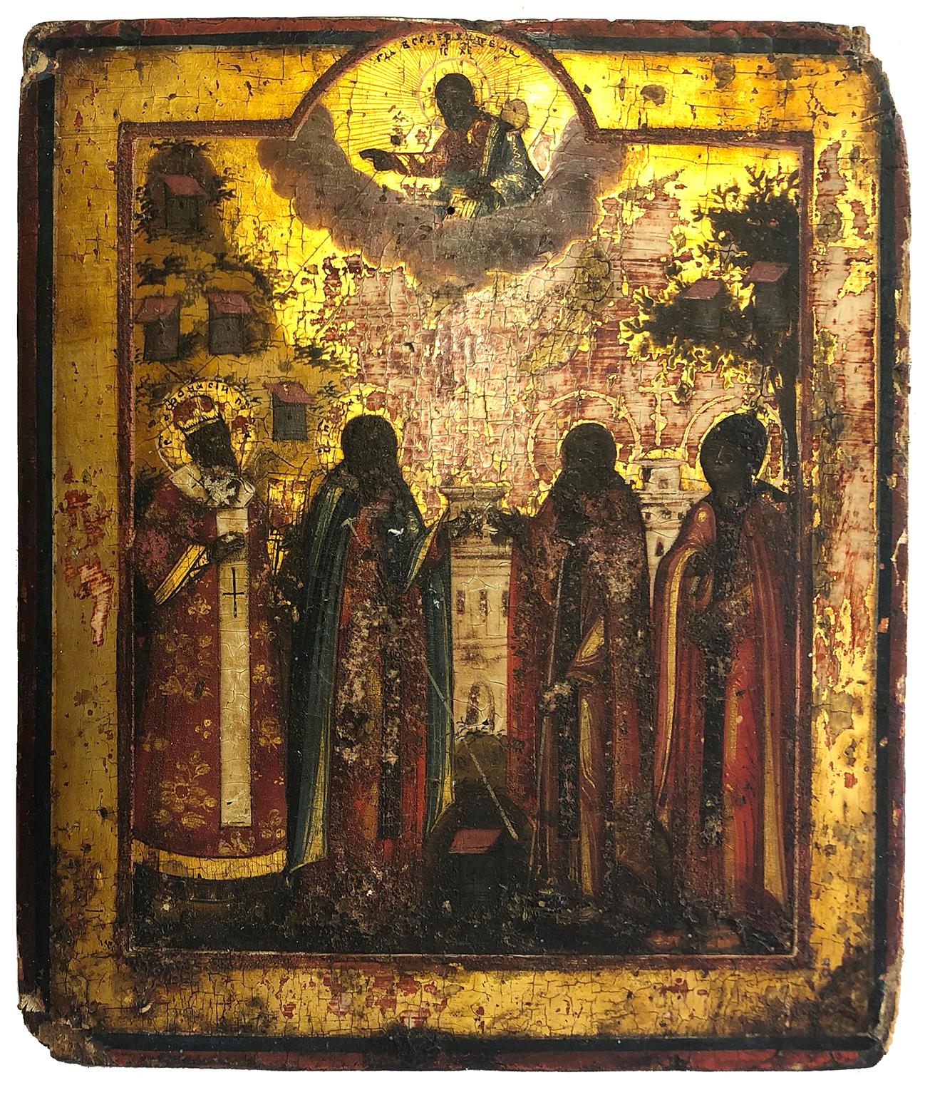 Four Saints Orthodox Icon - Brown Figurative Painting by Unknown