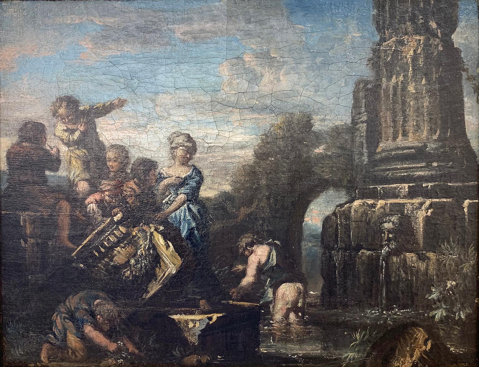 Venetian Capriccio with figures adorning a fountain - Venetian School Circa 1740 - Painting by Unknown